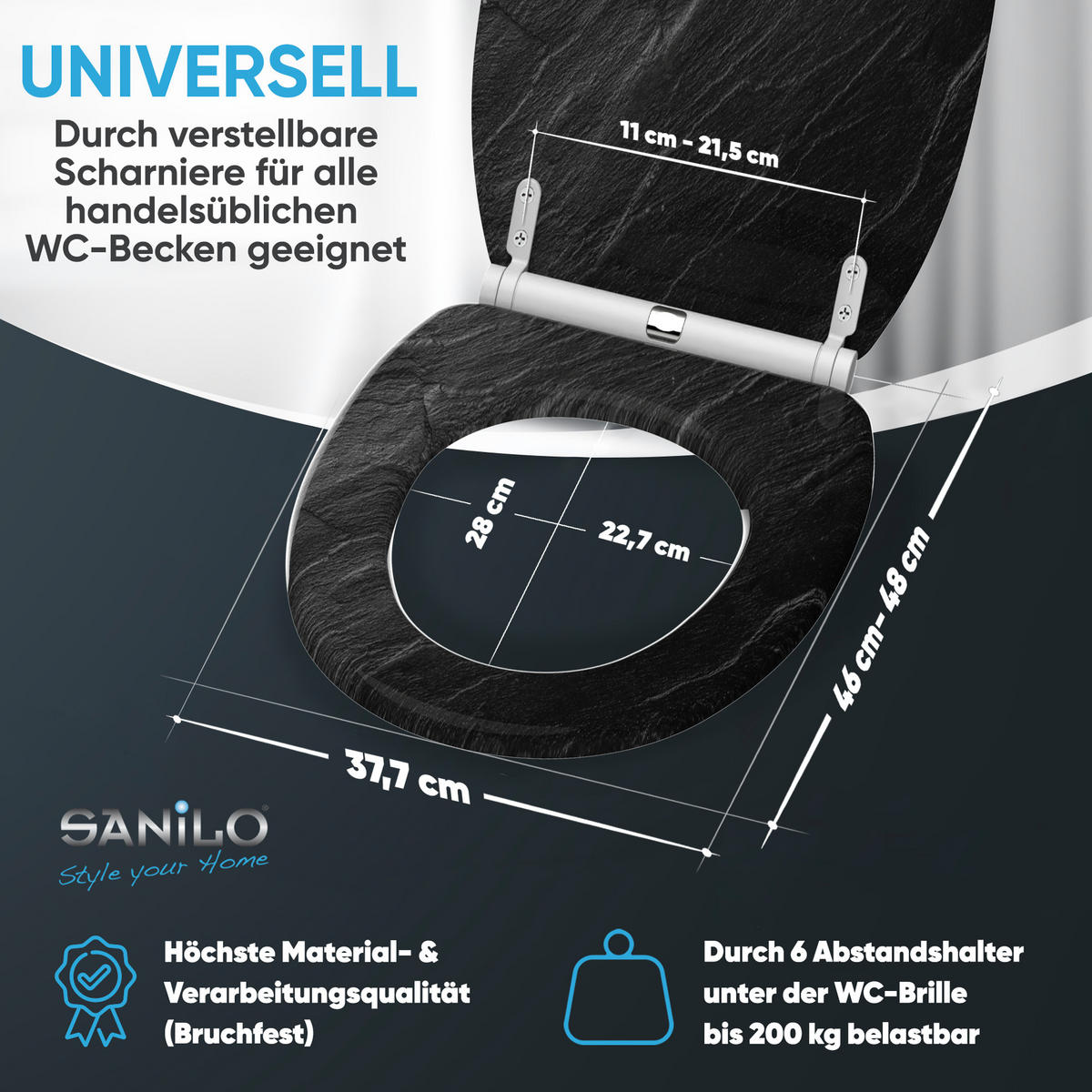 WC-SITZ mit Absenkautomatik & Top Fix Granit - Schwarz, Holzwerkstoff (37.7/5.5/48cm) - Sanilo