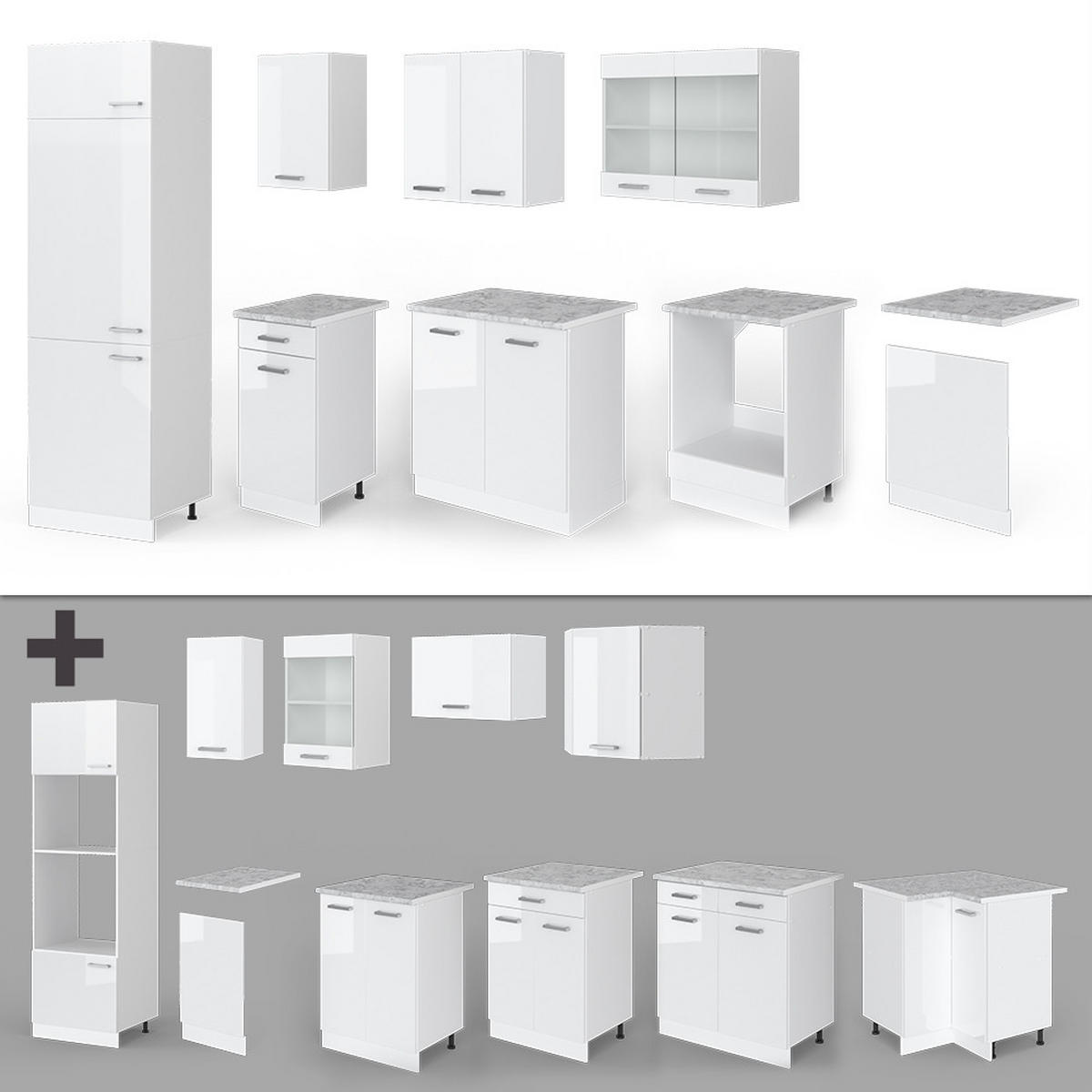KÜCHE R-Line Weiß Hochglanz/Weiß 300 cm, AP Marmor - Weiß Hochglanz/Weiß, Holzwerkstoff (300/81.6/60cm) - Vicco