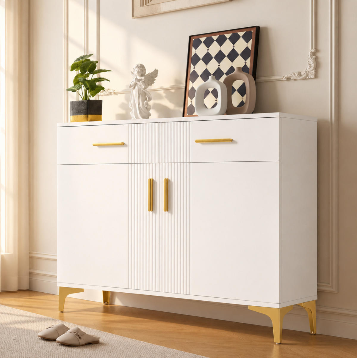 KOMMODE 80/35/79,5 cm mit 2 Türen und 2 Schubladen, Wellenfront und Kippsicherung, Weiß - Goldfarben/Weiß, Holzwerkstoff (80/79.5/35cm) - Redom