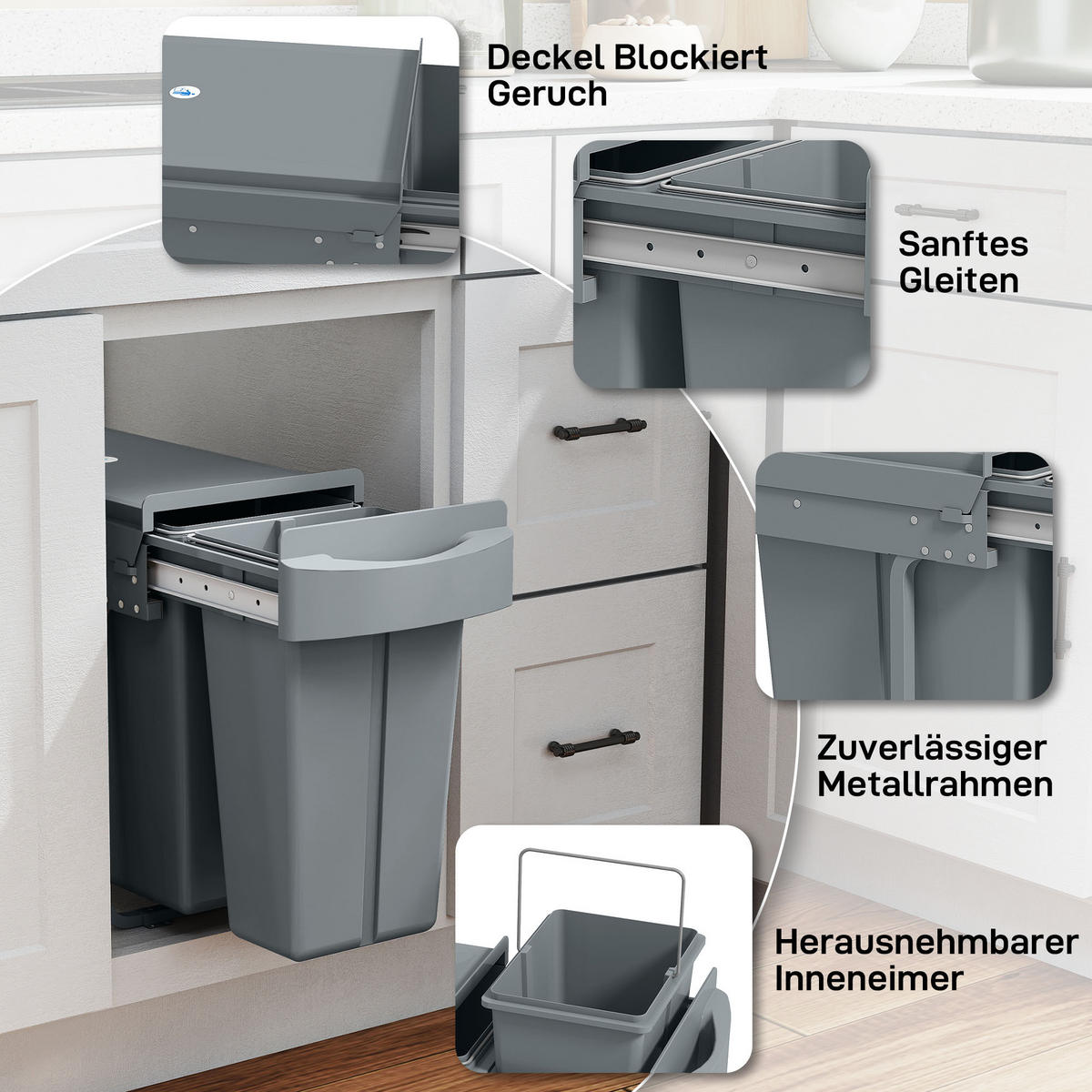 AUSZIEHBARER Mülleimer, Küchenmüllbehälter, Griff, 20 L+10 L, Grau - Grau, Kunststoff (26/40.8/52cm) - HOMCOM