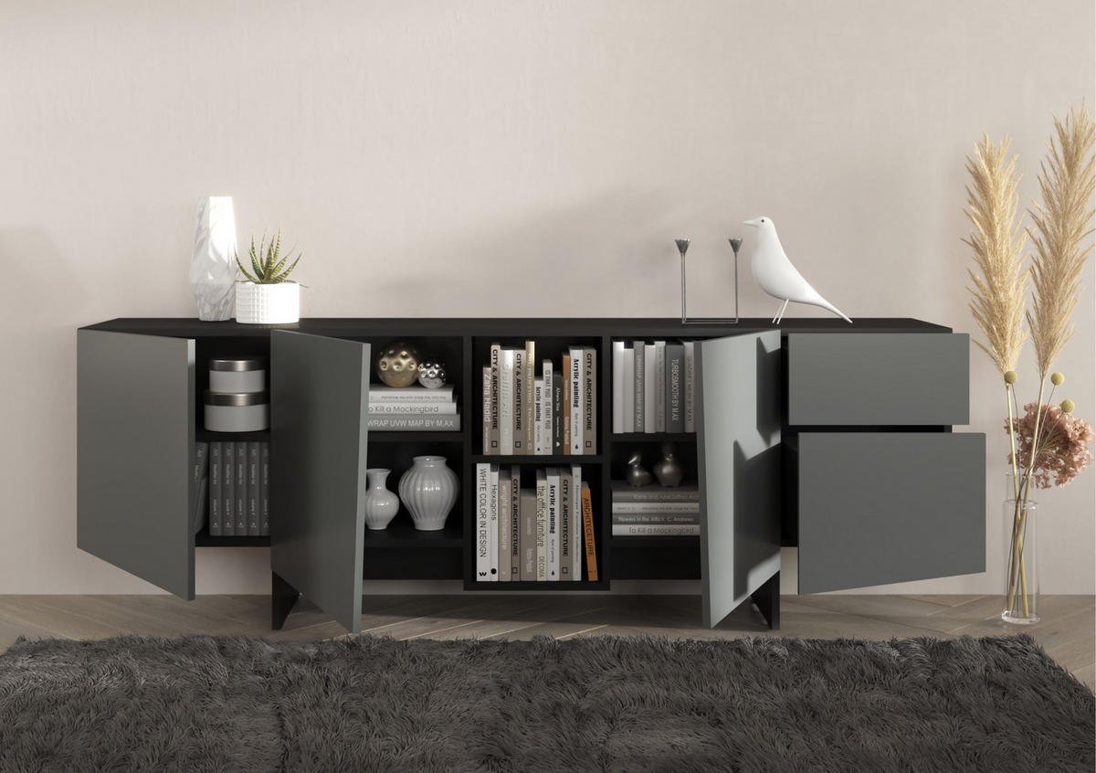 SIDEBOARD Wing, Asymmetrische Fronten, 200 cm, Schwarz und Grau - Schwarz/Grau, Holzwerkstoff (200.2/70/41.8cm) - Skandica