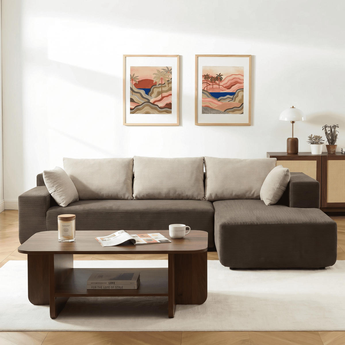ECKSOFA Luna Braun Sand 3-Sitzer Rechts - Braun, Textil (267/175cm) - COCO Living