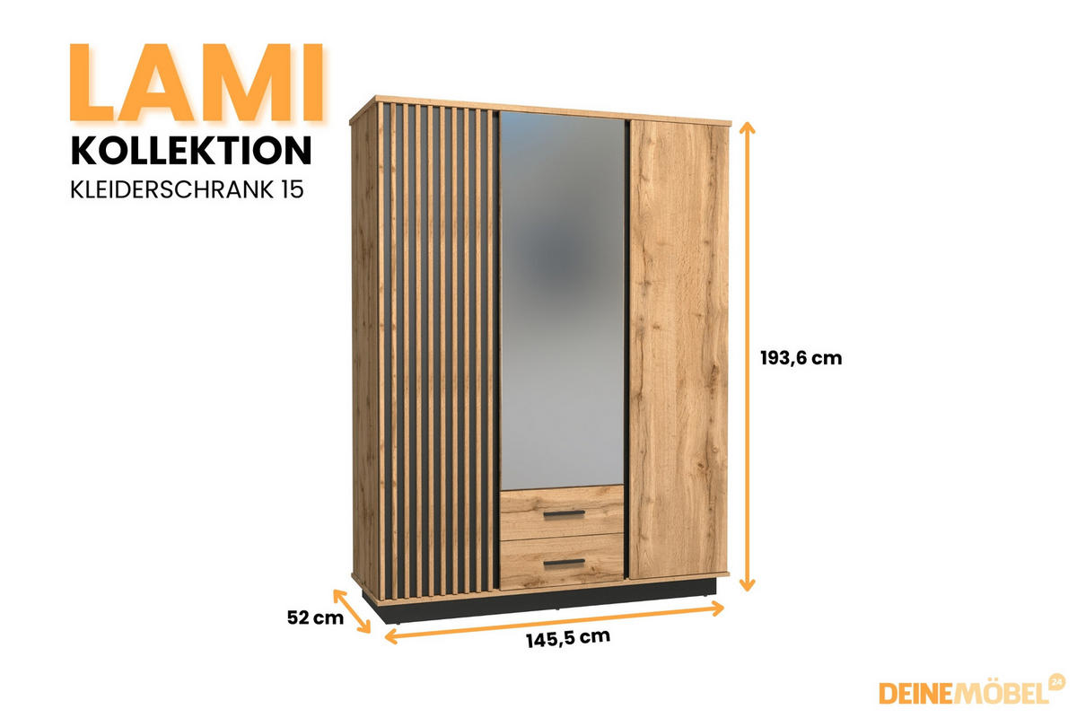 KLEIDERSCHRANK LAMI 15 146/194/52 cm in Wotan Eiche / Schwarz Matt mit Lamellen und Spiegel - Eiche Wotan/Schwarz, Holzwerkstoff (146/194/52cm) - Deine Möbel 24