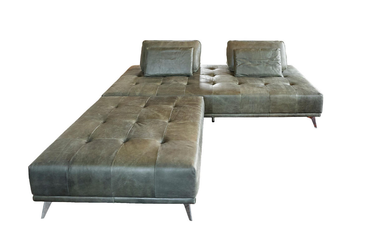SOFA MIT HOCKER WIOLO Grün Leder - Silberfarben/Grün, Leder (220/83/240cm) - KAWOLA