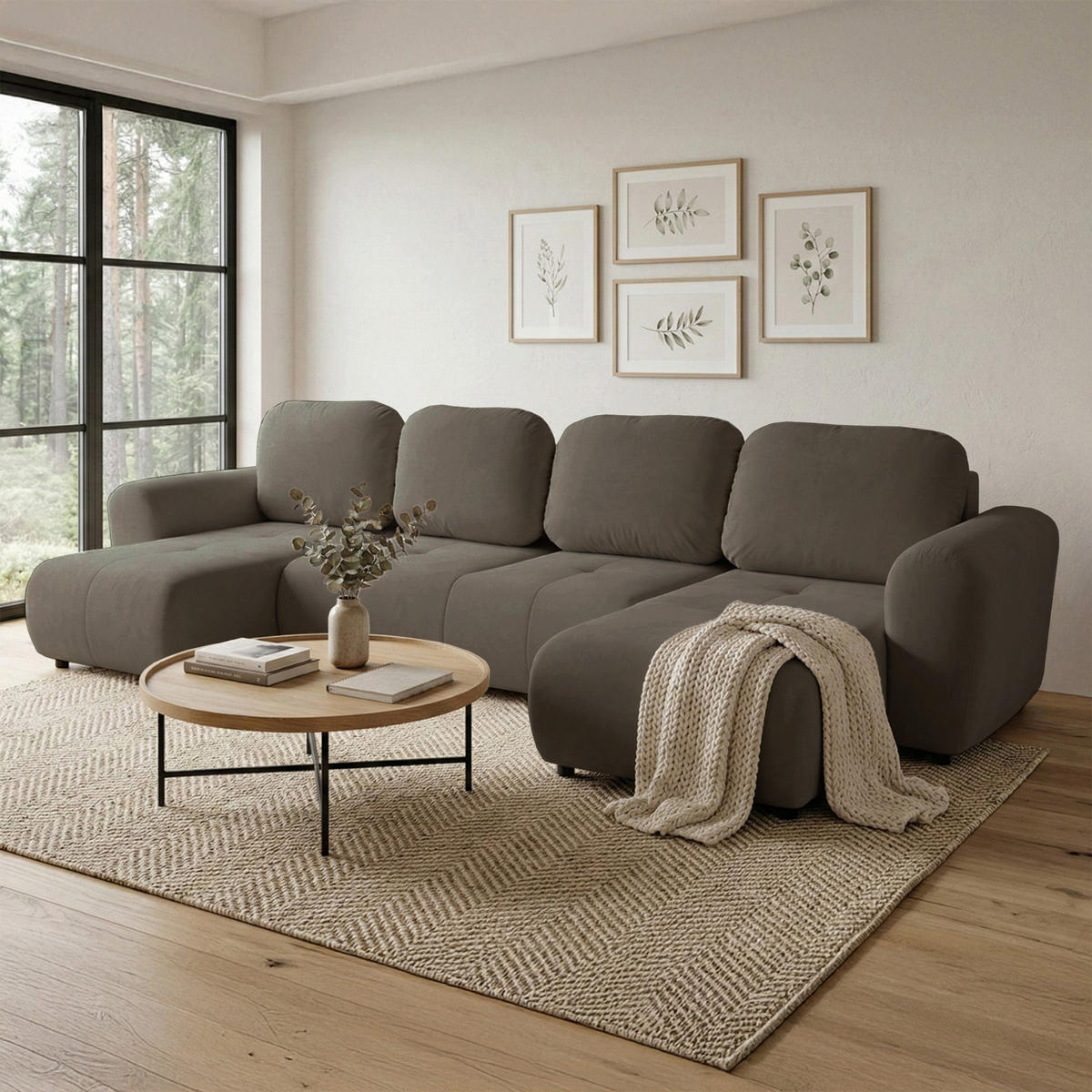 WOHNLANDSCHAFT Olido dunkelbeiger Samt - Schwarz/Cappuccino, Kunststoff/Textil (315/82/150cm) - Selsey