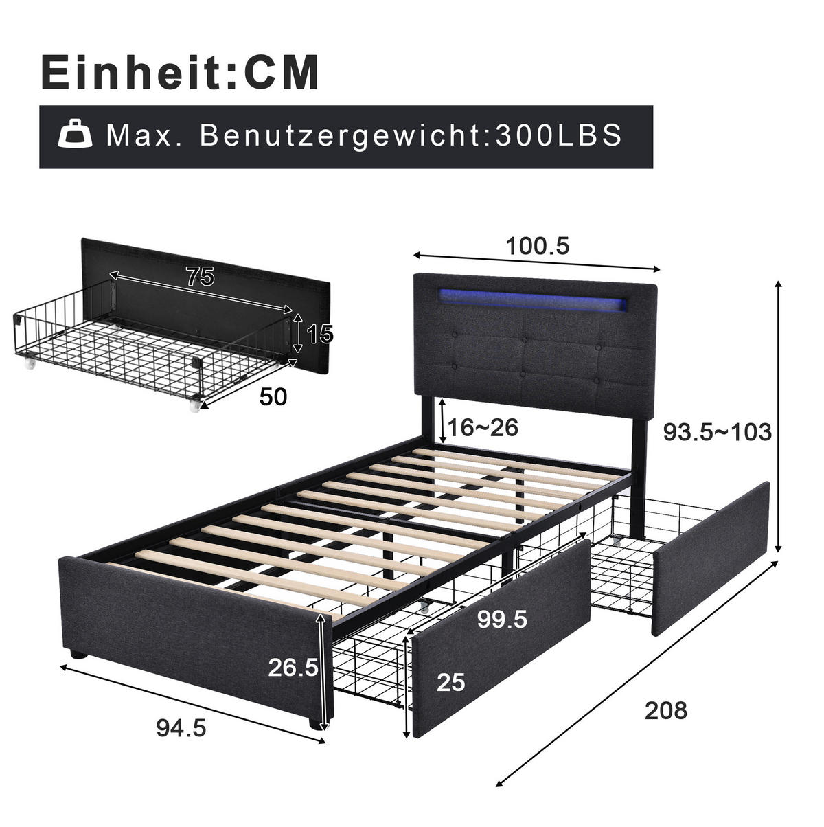 POLSTERBETT 90/200 cm Grau aus Leinen mit LED-Beleuchtung und 2 Schubladen - Grau, Textil (90/200cm) - OKMYHOME