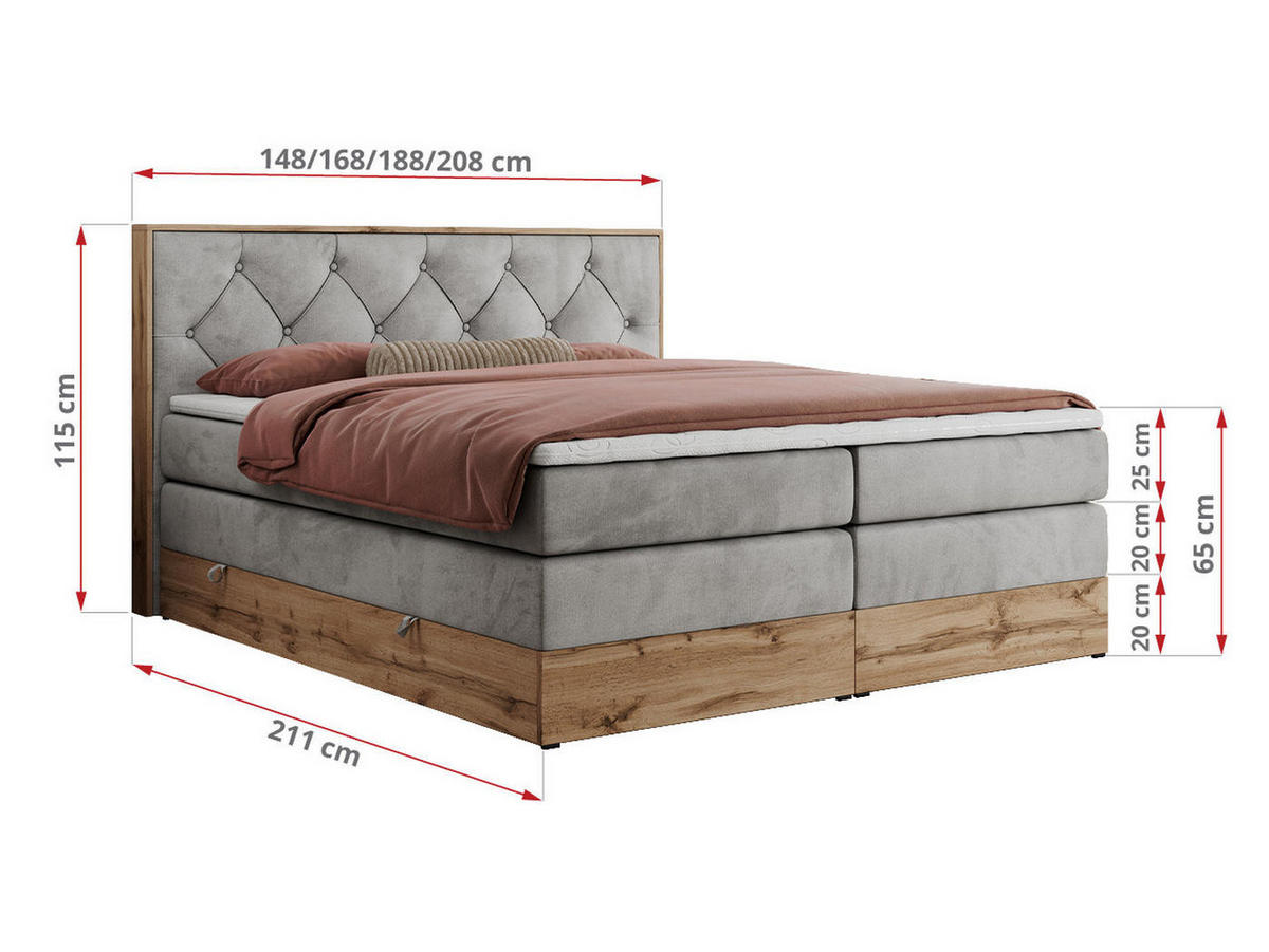 BOXSPRINGBETT VENETO KING 140/200 Hellgrau Velvet - H4 - Hellgrau, Holz/Textil (140/200cm) - MKS