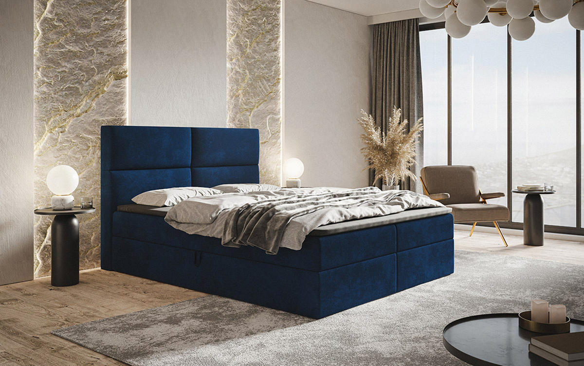 BOXBETT Bonio III 180/200 cm in Blau – mit Bettkasten und Topper - Blau/Schwarz, Holz/Holzwerkstoff (180/200cm) - AX Living