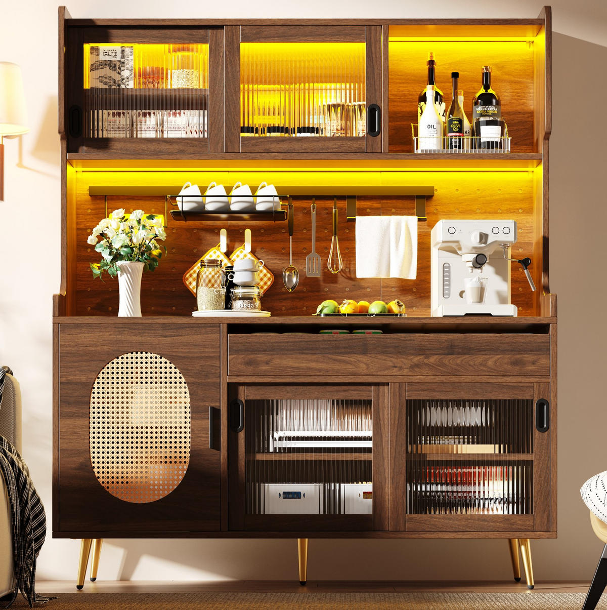 BUFFET 145/39/171 cm aus MDF mit LED-Lichtleiste Braun - Braun, Holzwerkstoff (145/171/39cm) - Modenvie
