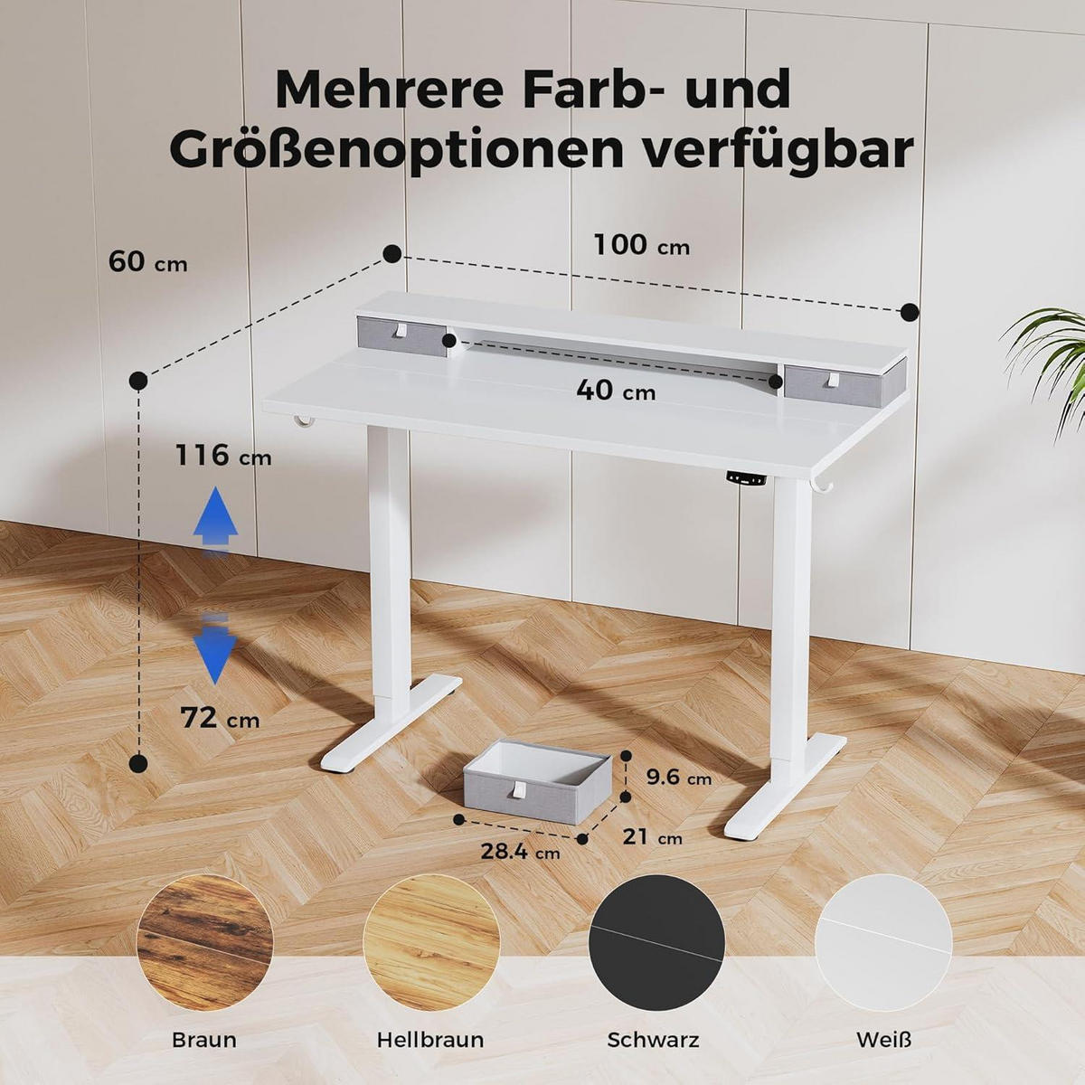 SCHREIBTISCH Höhenverstellbar Elektrisch mit 2 Schubladen 100 x 60 cm Weiß - Weiß, Holzwerkstoff (100/60/75cm)