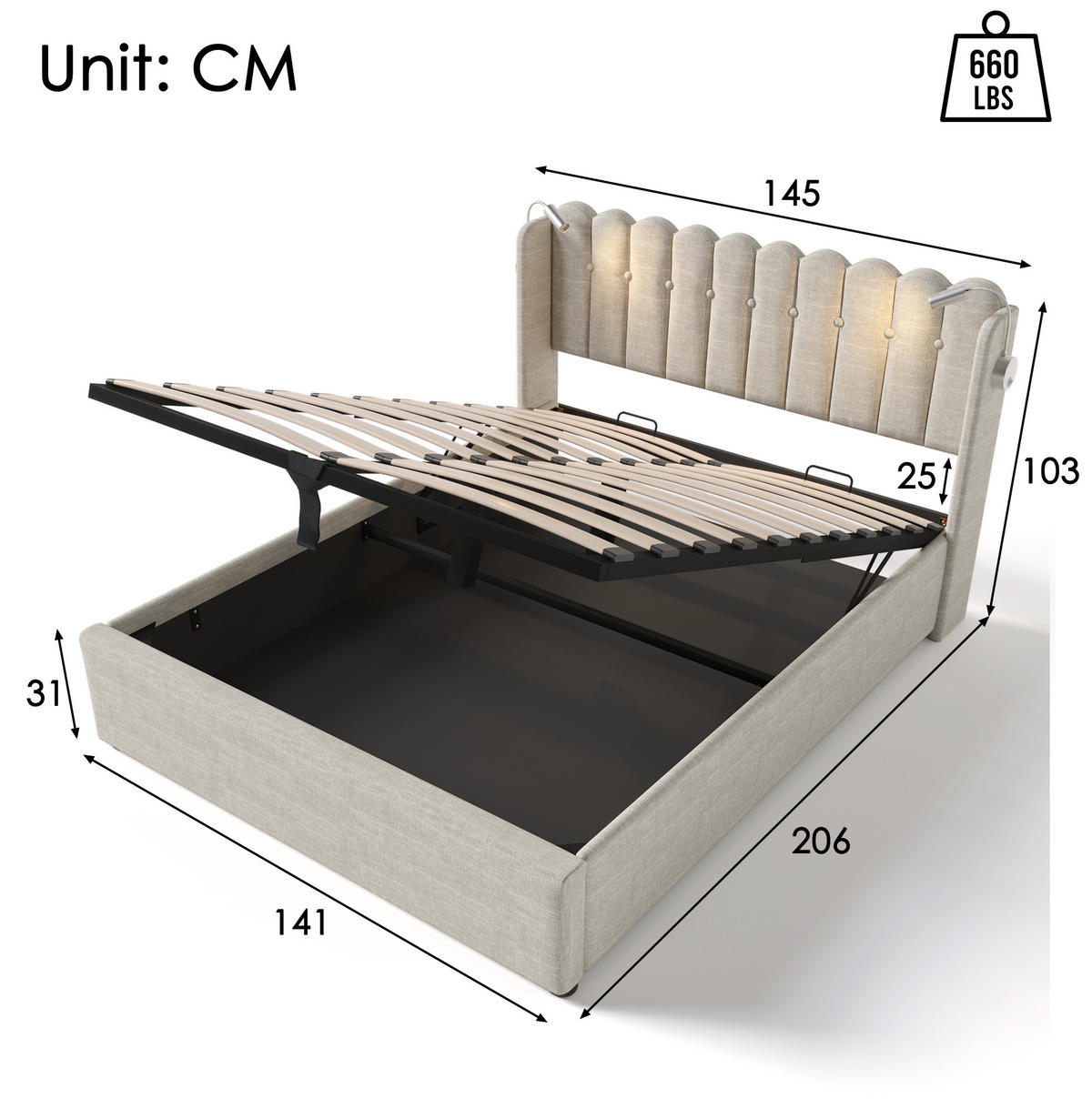 POLSTERBETT mit Bettkasten 140x200 cm Leinen Beige USB & Leselicht - Beige, Metall (140/200cm) - Meubliv