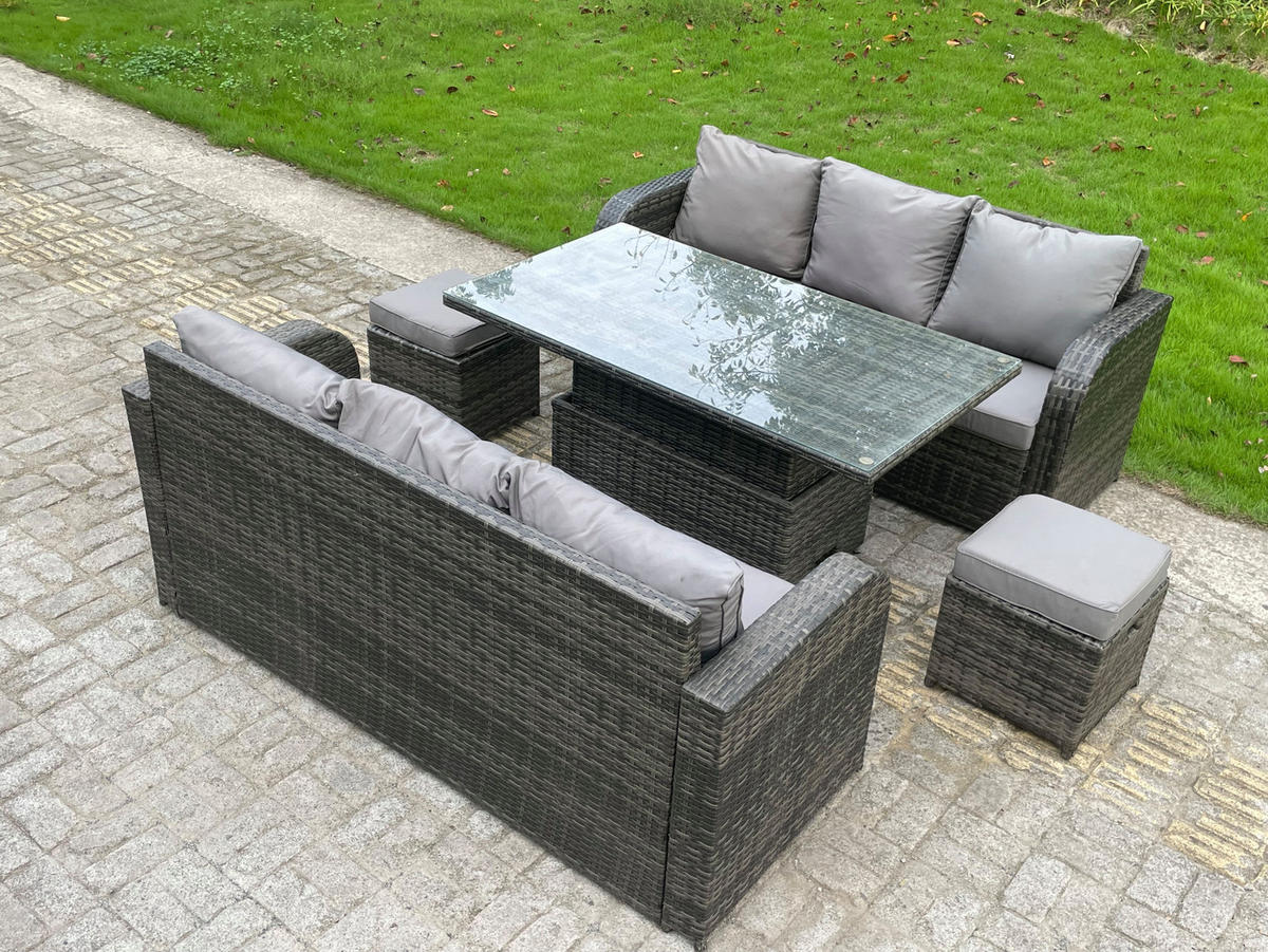 LOUNGESOFA Polyrattan Patio 8-Sitzer - Dunkelgrau/Grau, Glas/Kunststoff - Fimous