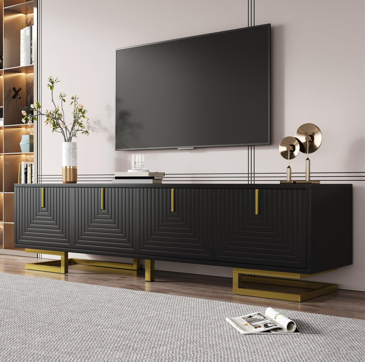 TV-LOWBOARD aus Spanplatte 160x38x44,5 cm Schwarz mit 4 Türen, goldfarbenen Metallbeinen und verstellbaren Füßen - Schwarz, Holzwerkstoff (160/44.5/38cm) - Modfu