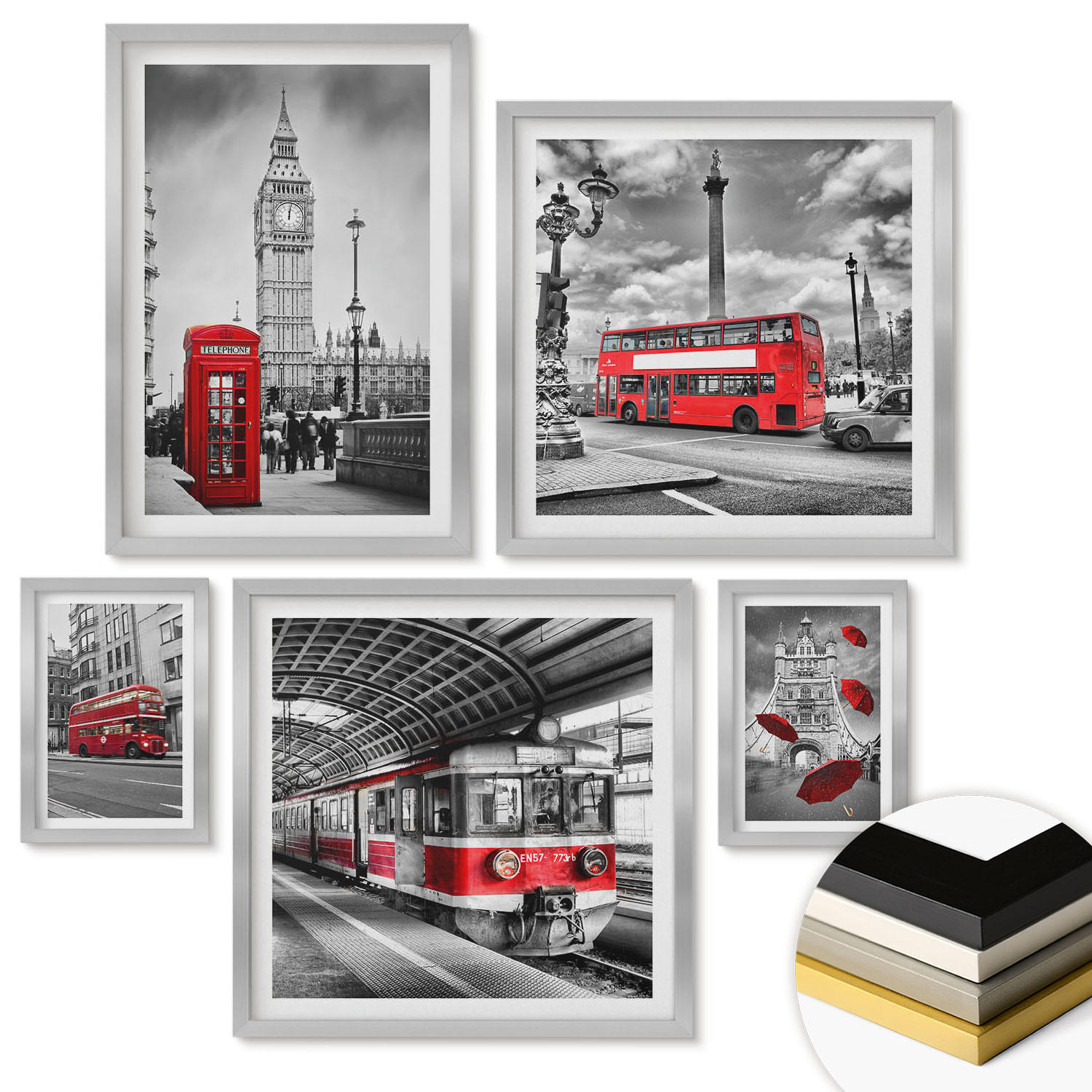 WANDBILDER 5er Set - 50x50 cm & 20x30 cm & 40x60 cm Silberner Rahmen - Tropischer Wald Papageienwasserfall - Silberfarben, Kunststoff (40/60cm) - ArtPrintCave