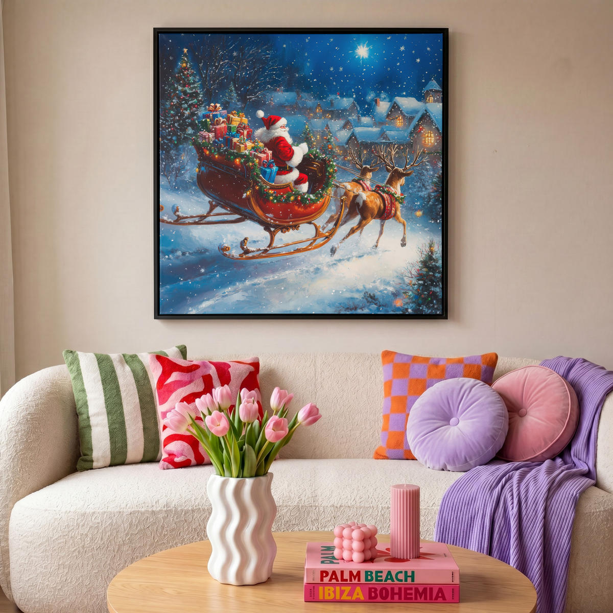 LEINWAND Bilder mit Rahmen - Weihnachtsmann - Rentier - Weihnachten - Schnee - 90x90 - Cognac, Textil (90/90cm) - MuchoWow