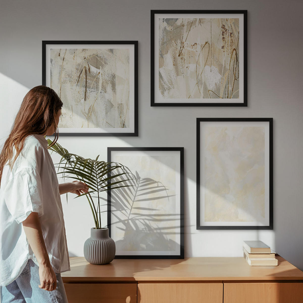 BILDER SET 4er Set - 50x50 cm & 40x60 cm Schwarzer Rahmen - Helles Strukturfarbendesign - Schwarz, Kunststoff (50/50cm) - TULUP