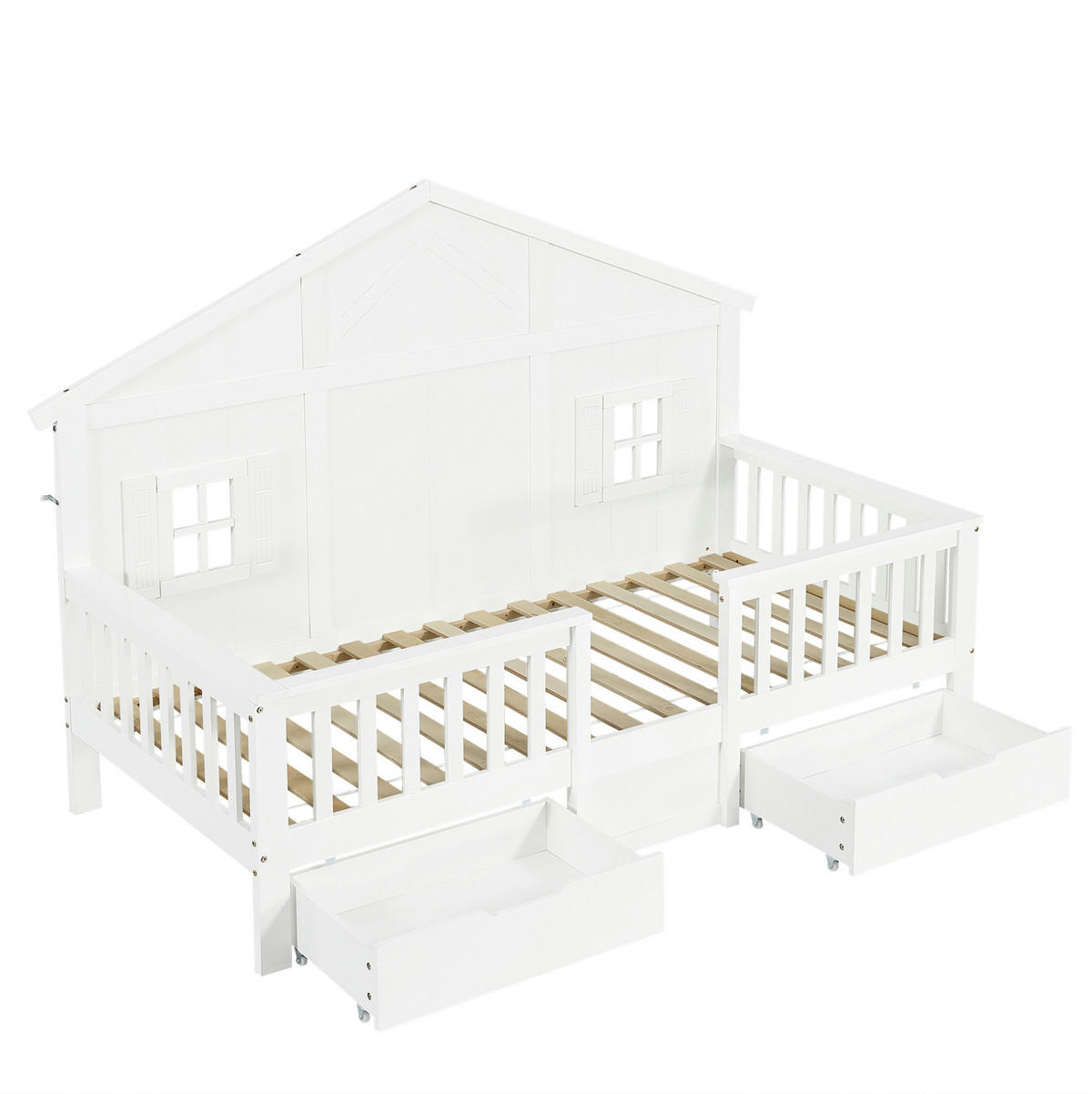 KINDERBETT 90/200 cm in Hausform mit 2 Schubladen und Lattenrost - Weiß, Holz (90/200cm) - BEAOK