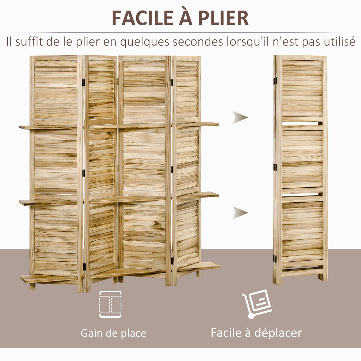 PARAVENT DE-14245 4-teilig, 3 Regalböden, klappbar Natur - Naturfarben, Holzwerkstoff (162/170/1.8cm) - ComfortXL