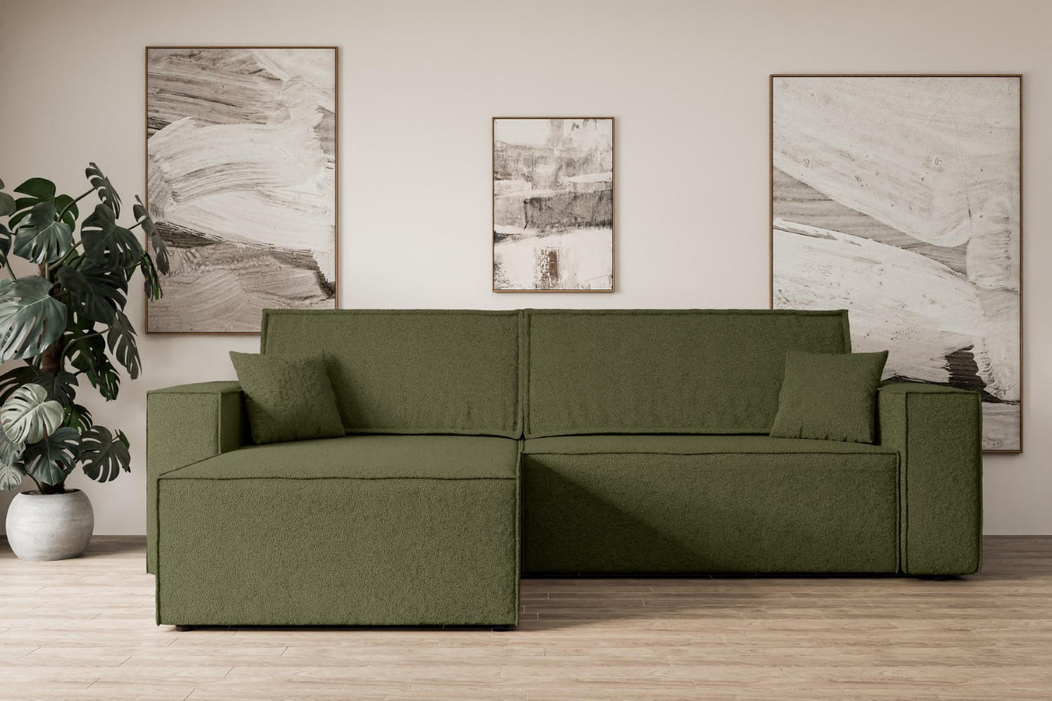 ECKSOFA mit Schlaffunktion und Bettkasten CELTIC-XL - 277x143x83 cm Grün Bouclé - Schwarz/Grün, Holzwerkstoff/Kunststoff (277/143cm) - ALTDECOR