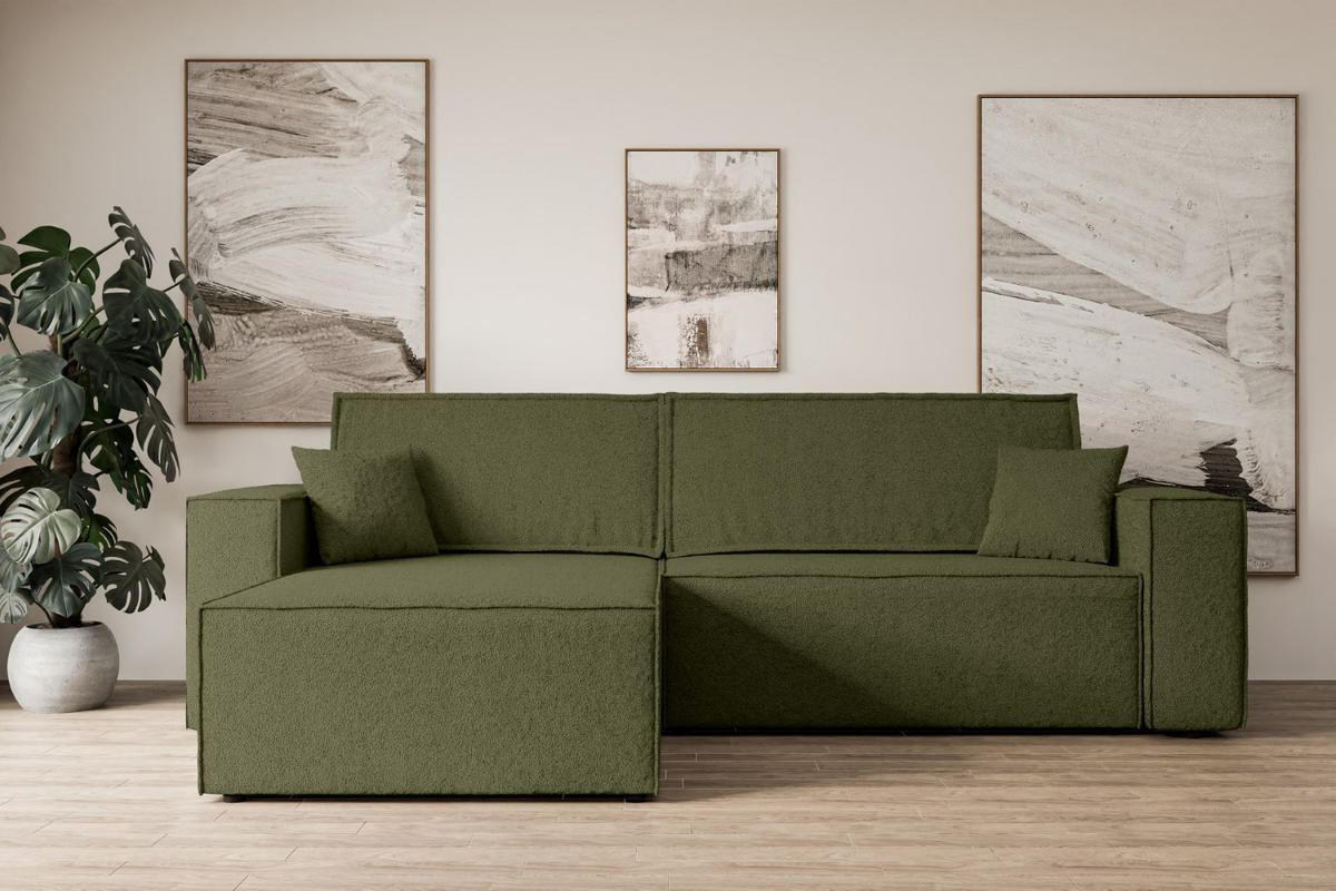 ECKSOFA mit Schlaffunktion und Bettkasten CELTIC-XL - 277x143x83 cm Grün Bouclé - Schwarz/Grün, Holzwerkstoff/Kunststoff (277/143cm) - ALTDECOR