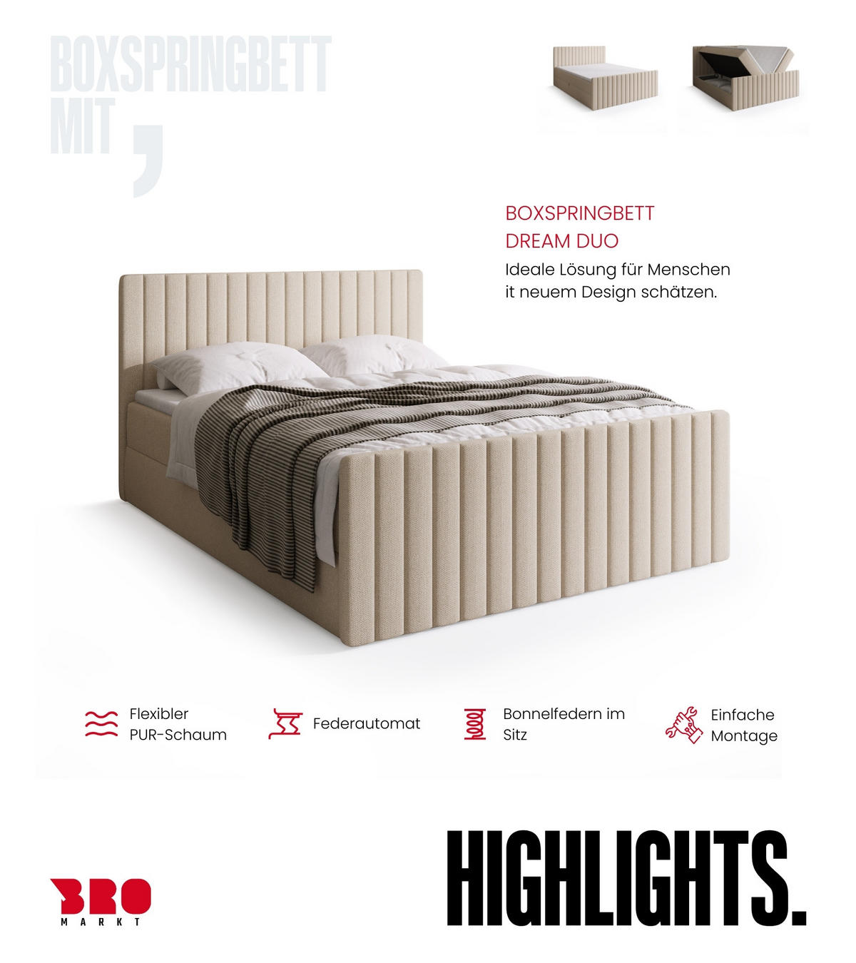 BOXSPRINGBETT Dream Duo mit Topper 160/200 Beige - Beige, Kunststoff (160/200cm) - Bromarkt
