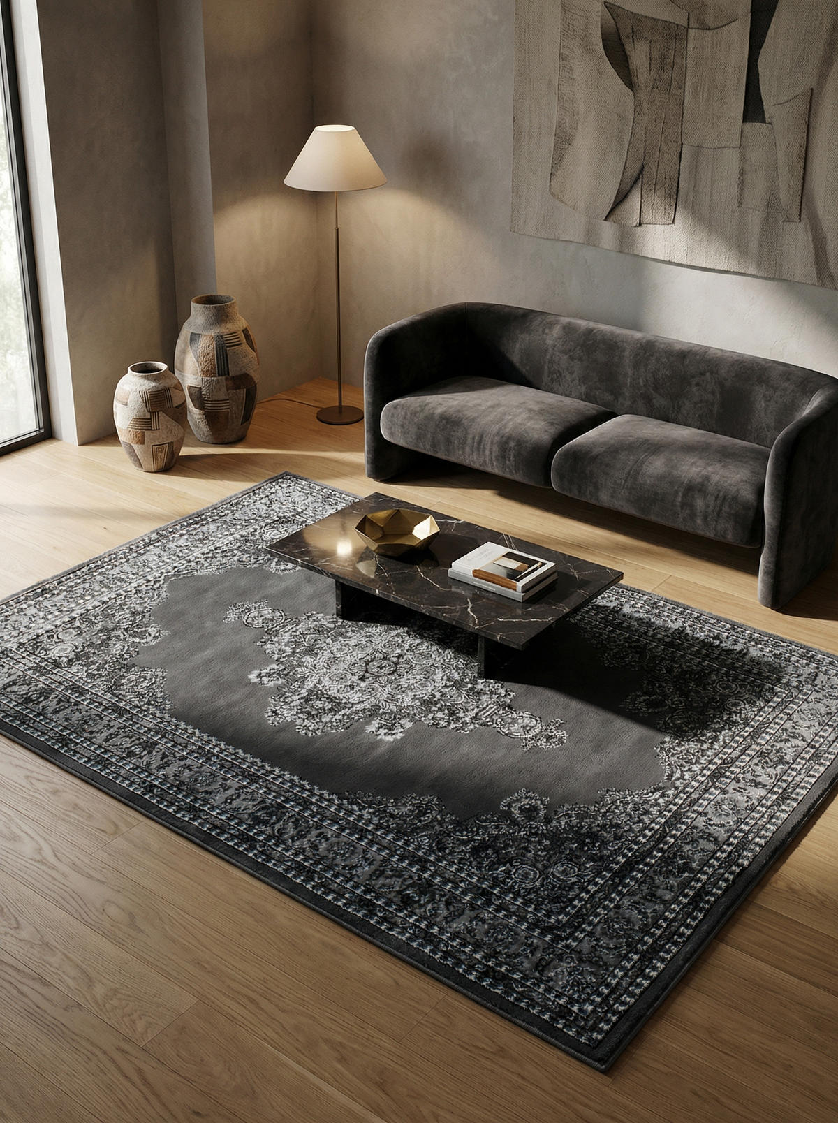 TEPPICH Orient Kurzflor Medaillon Polypropylen Wohnzimmer Grau Rechteckig 240x340 - Grau, Textil (240/340cm) - KADIMA DESIGN