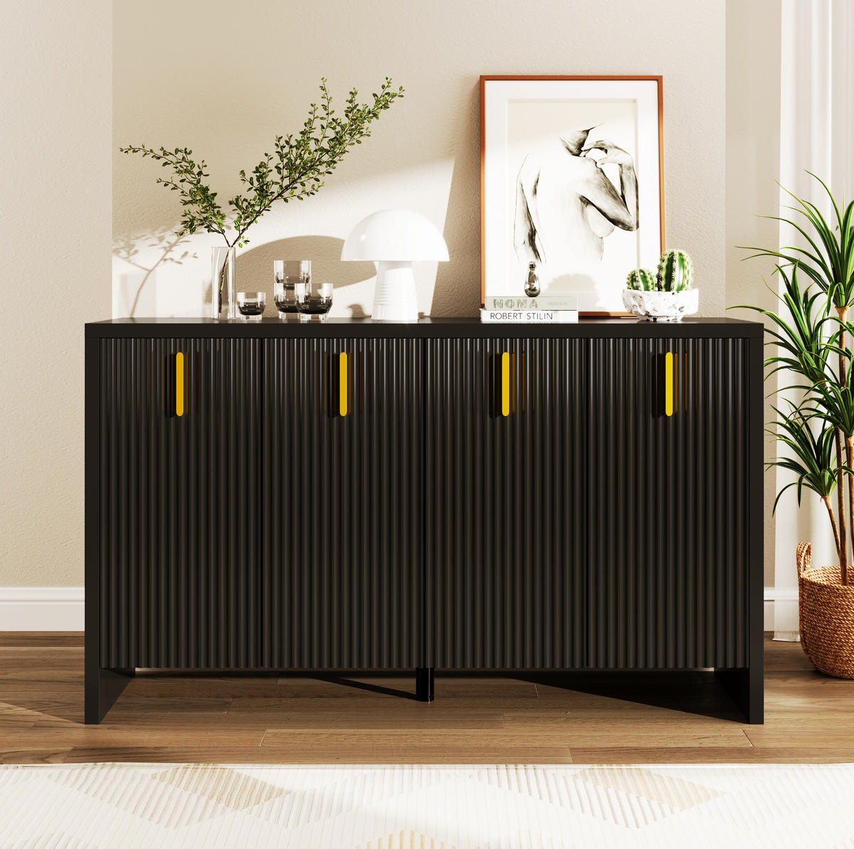SIDEBOARD 140/38/80 cm mit 4 Türen in Schwarz und goldfarbenen Griffen - Schwarz, Holzwerkstoff (140/38/80cm) - BEAOK