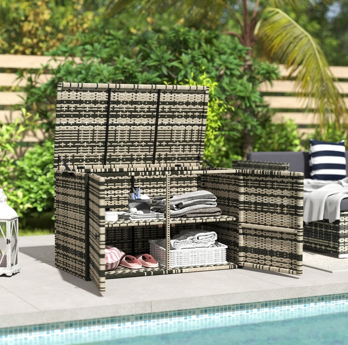 AUFLAGENBOX 118/57/69 cm mit 350 L Stauraum, Gasdruckfedern und Tragegriffen aus Stahl und PE-Rattan, Grau - Grau, Metall (57/69/118cm) - Redom
