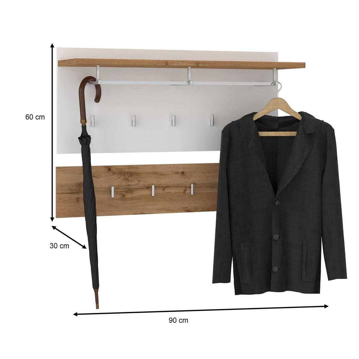 WANDGARDEROBE BILBAO - Eiche Wotan/Weiß, Holzwerkstoff (90/60/30cm) - CARO-Möbel
