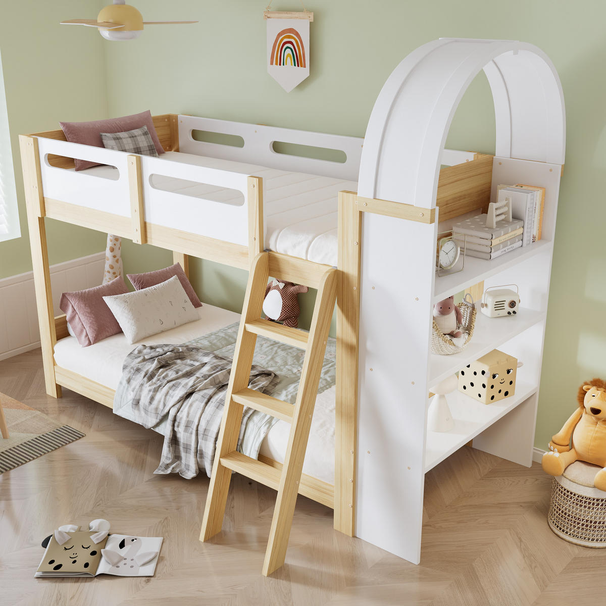 ETAGENBETT 90/200 cm Weiß+Natur mit dreistufigem Regal und sicherem Bettgitter aus Kiefer und MDF - Naturfarben, Holzwerkstoff (90/200cm) - OKWISH