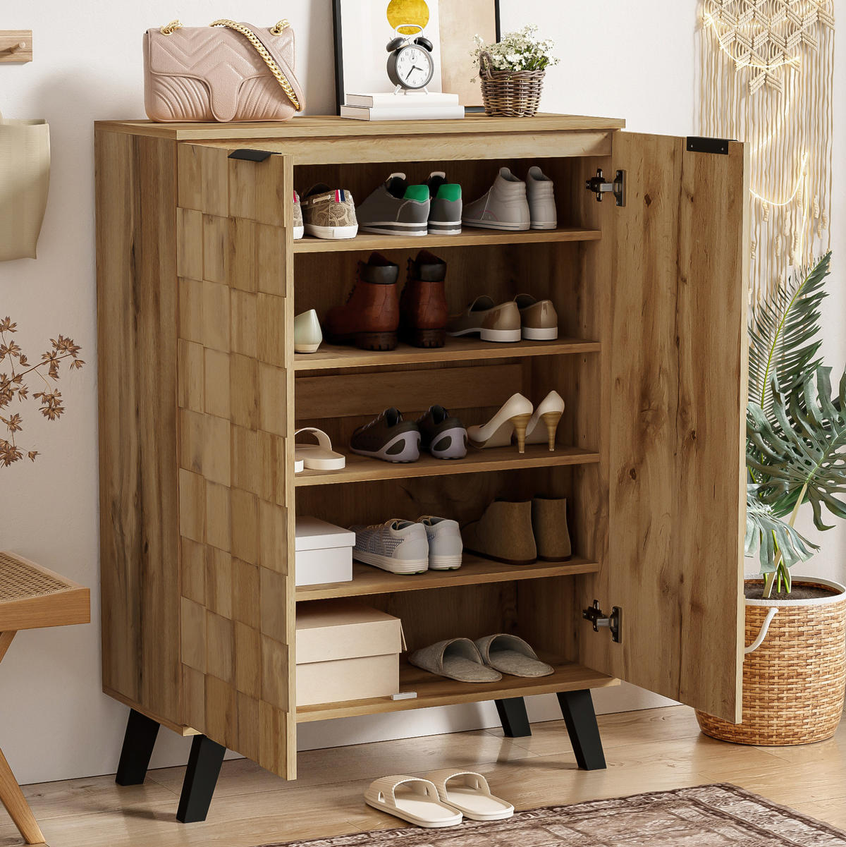 SCHUHSCHRANK 80,5/35/109,5 cm in Holzoptik mit 5 Fächern und verstellbaren Böden - Naturfarben, Holzwerkstoff (80.5/109.5/35cm) - Flora Grace