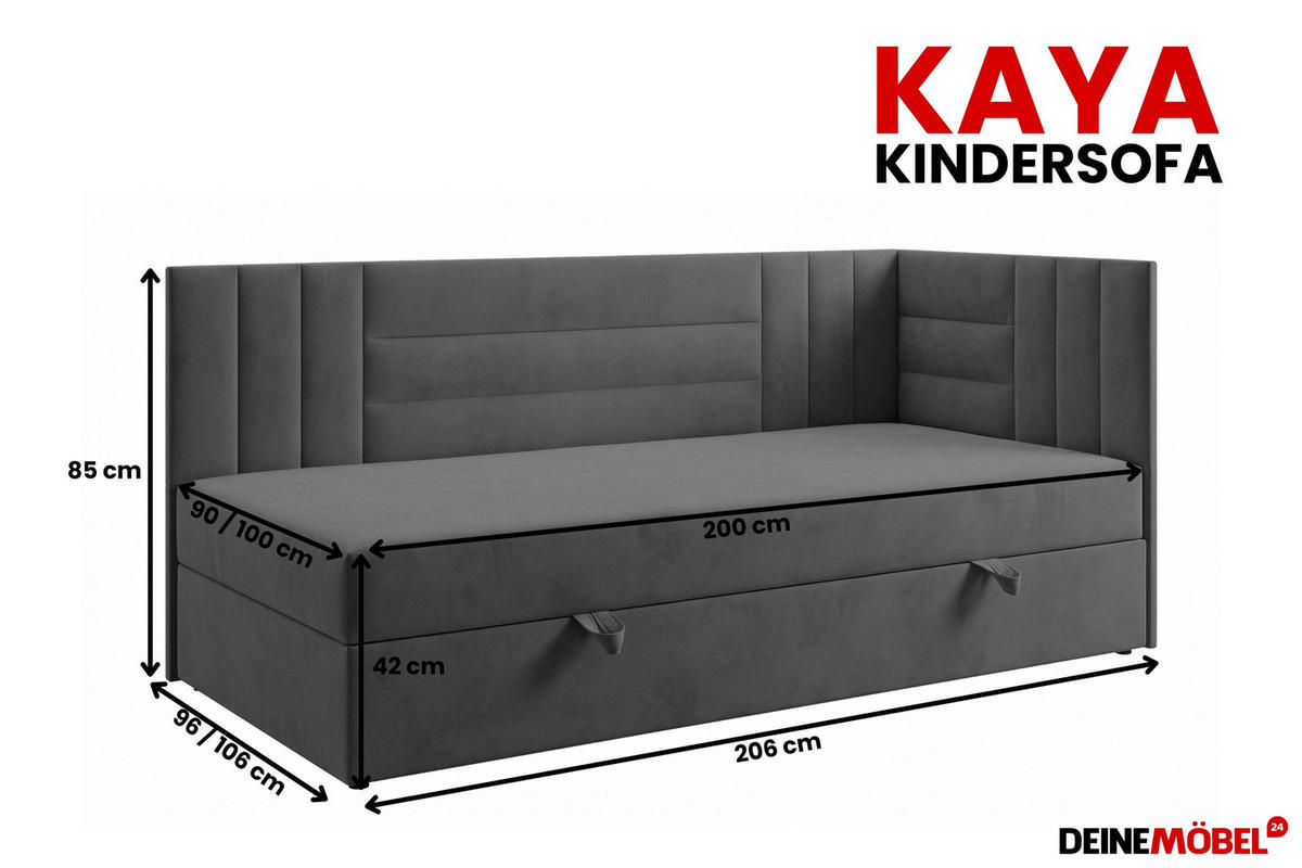 BOXBETT KAYA 100/200 in Velours Anthrazit H3 links - Anthrazit, Holz/Holzwerkstoff (100/200cm) - Deine Möbel 24