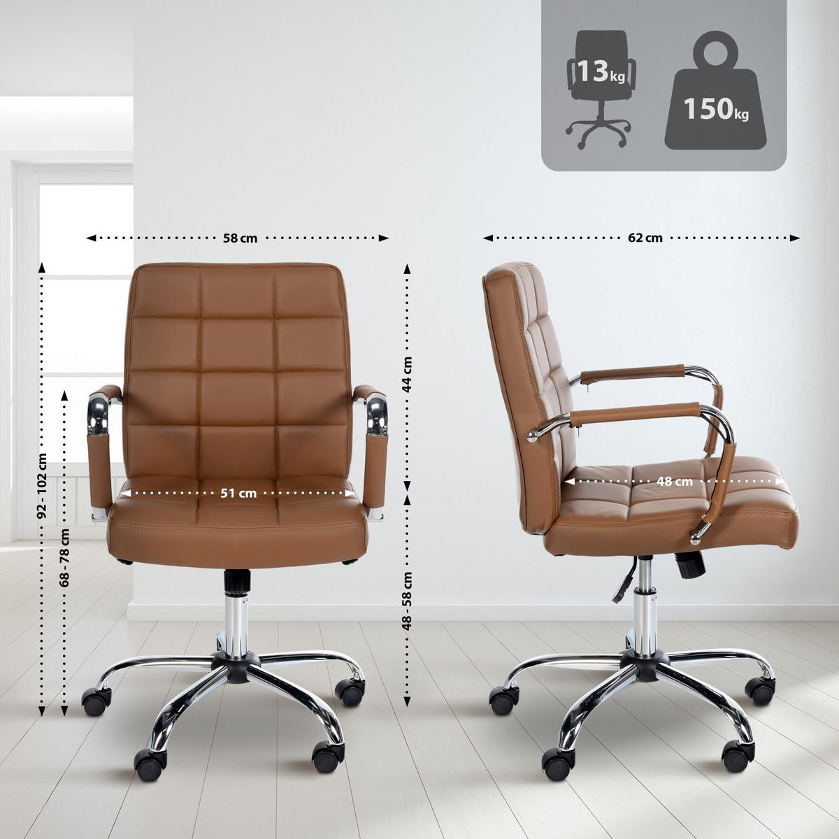 DREHSTUHL Lederlook hellbraun - Chromfarben/Hellbraun, Textil/Metall (58/92/62cm) - CLP