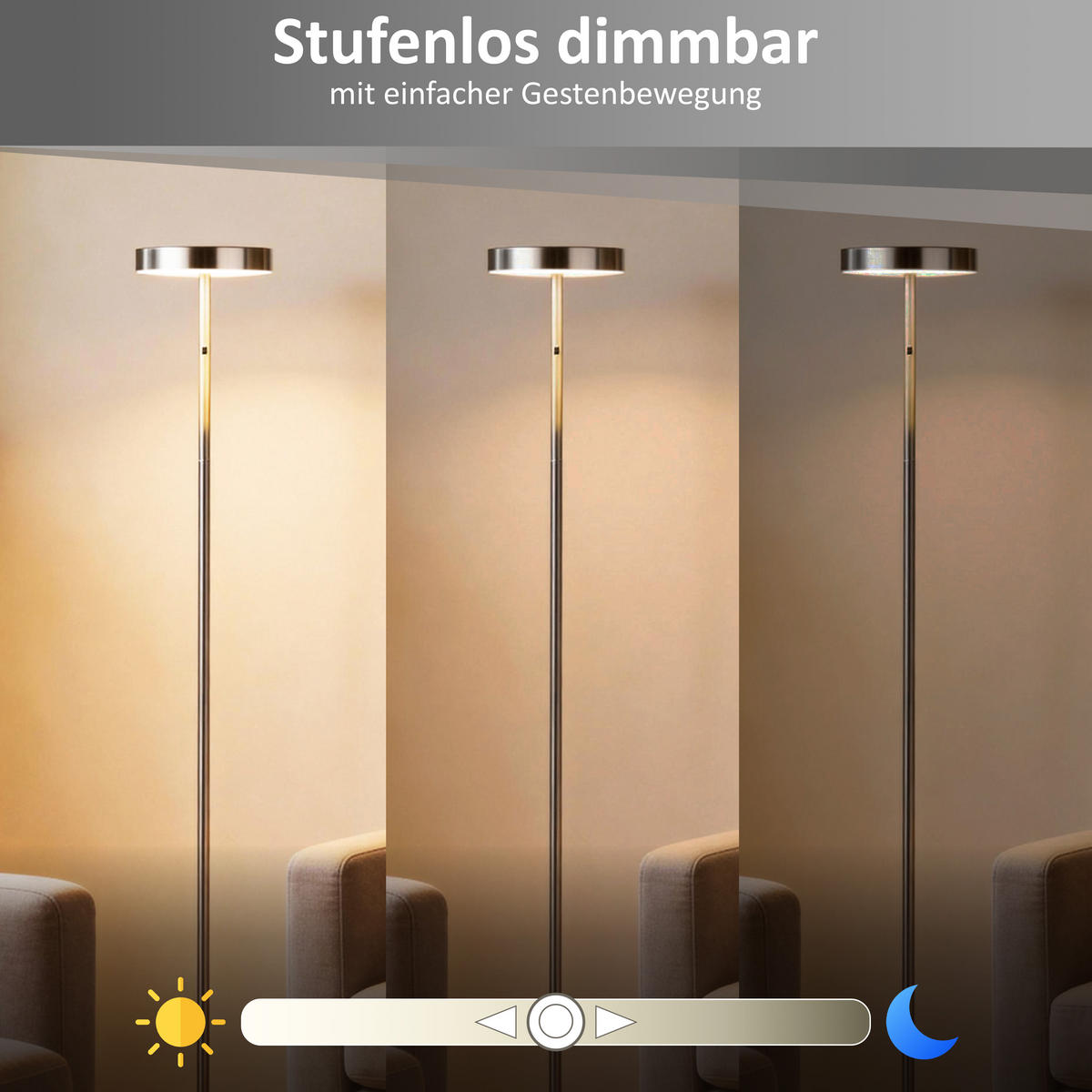 LED-STEHLEUCHTE Metall dimmbar Gestensteuerung warmweiß 3000K 700 Lumen modernes Design Wohnzimmer Schlafzimmer Höhe 140cm - Chromfarben, Metall (16/16/140cm) - Northpoint