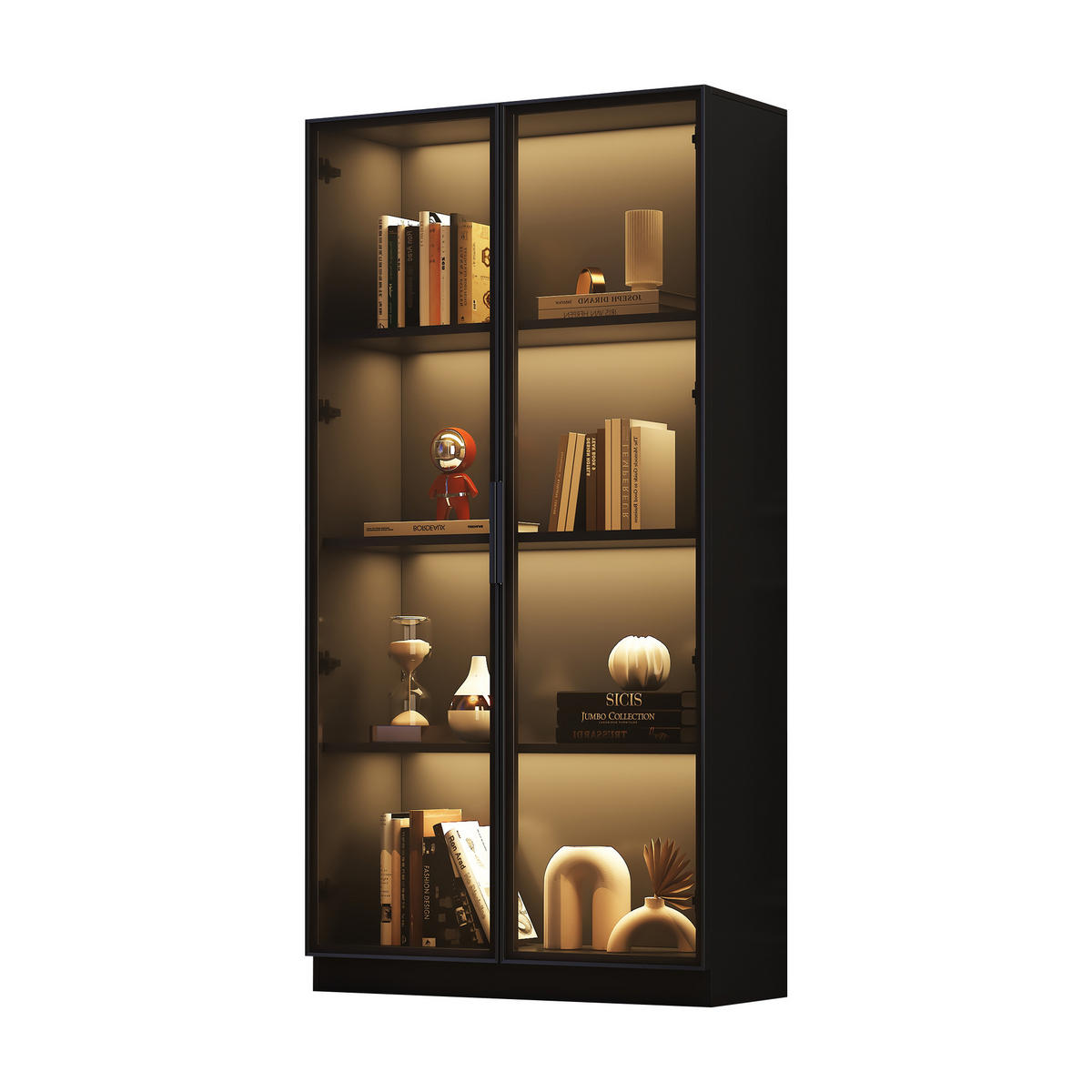 VITRINE aus Spanplatte mit Glastüren und App-LED, 80/40/160 cm, schwarz - Schwarz, Holzwerkstoff (40/160/80cm) - Redom