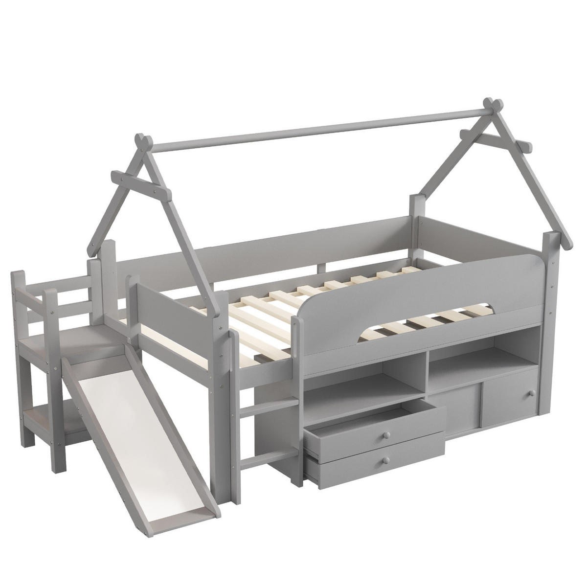 HOCHBETT 90/200 cm mit Rutsche, Dachrahmen, Stauraum und Sicherheitsgeländer, Grau - Grau, Holzwerkstoff (90/200cm) - Redom