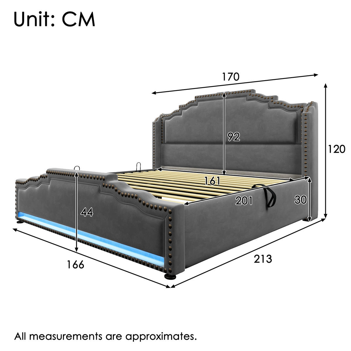 POLSTERBETT 160/200 cm Grau mit hydraulischem Stauraum und LED-Beleuchtung - Grau, Textil (160/200cm) - OKWISH