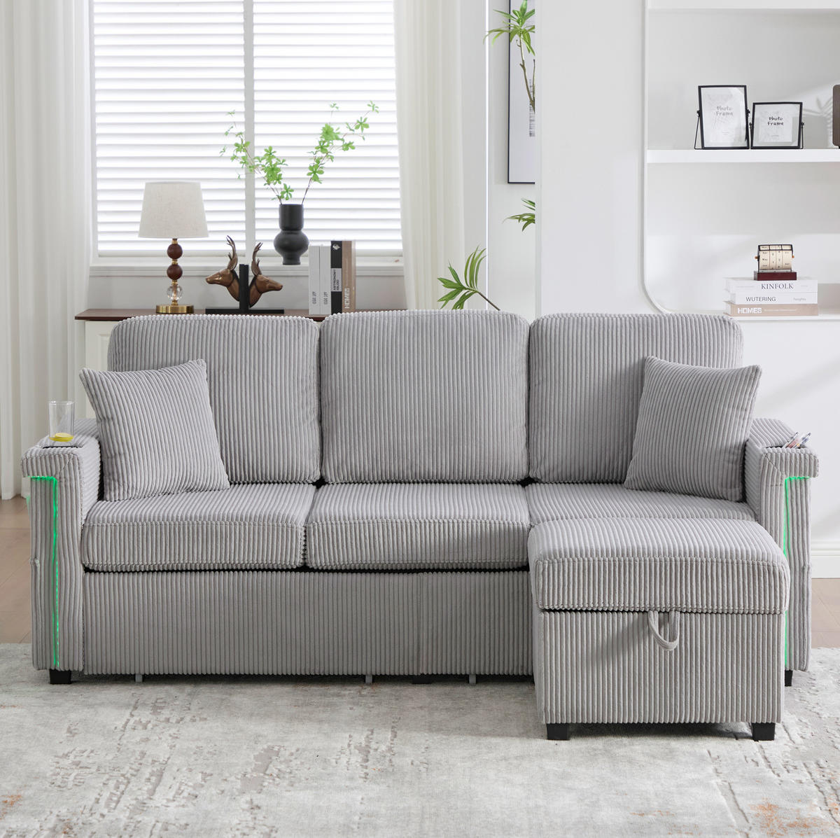 SOFA mit LED und USB/Type-C 194 x 73 x 81 cm Corduroy Hellgrau - Hellgrau, Kunststoff (194/81/73cm) - Meubliv