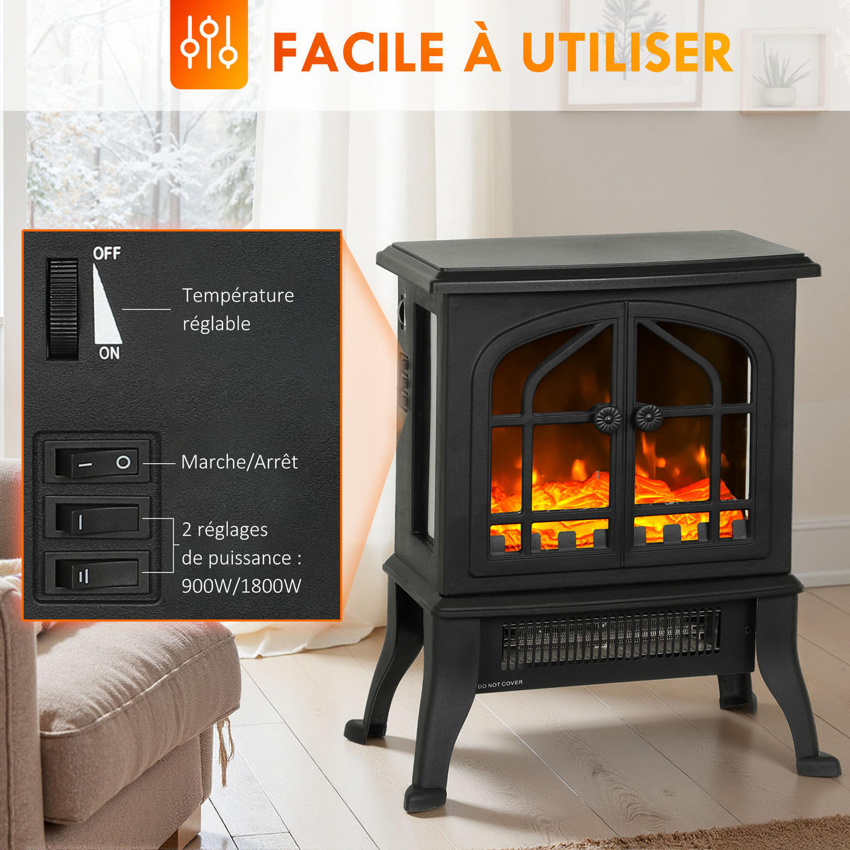 ELEKTROKAMIN DE-17060 3D-Flammeneffekt 900/1800 W Schwarz - Schwarz, Kunststoff (39/48/24cm) - ComfortXL