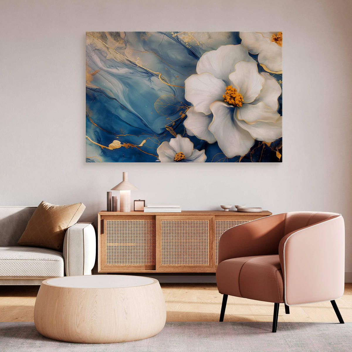 LEINWANDBILD Blumen Marmor Abstraktion Glamour 100cm x 70cm - Blau/Beige, Textil (100/70cm) - Muralo