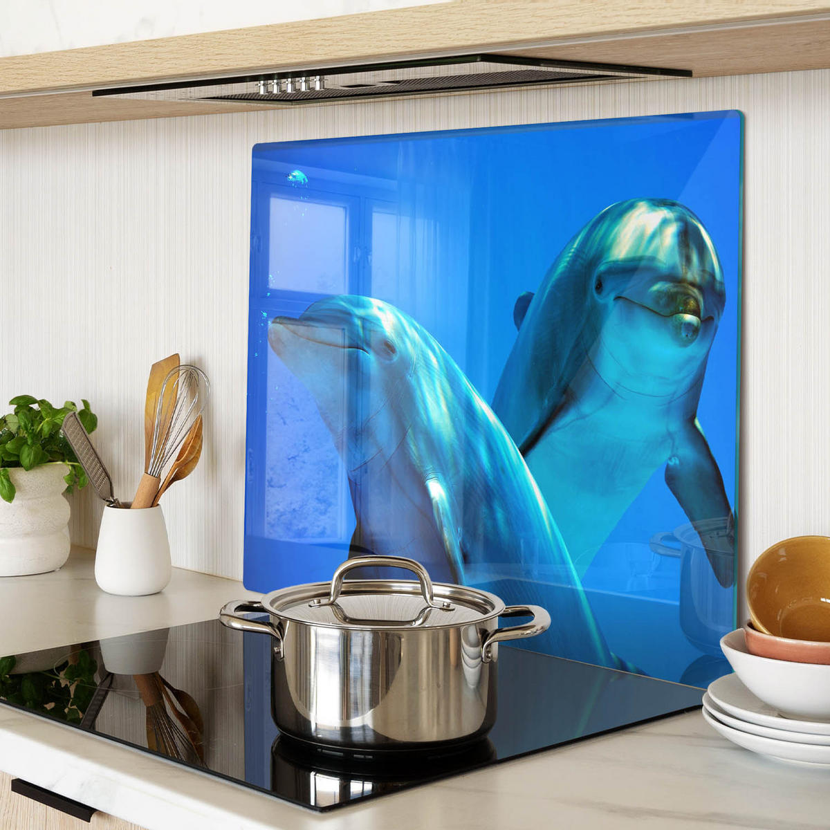 GLASPLATTE 60x52 cm Zwei Delfine - Dunkelblau, Glas (60/52cm) - TULUP