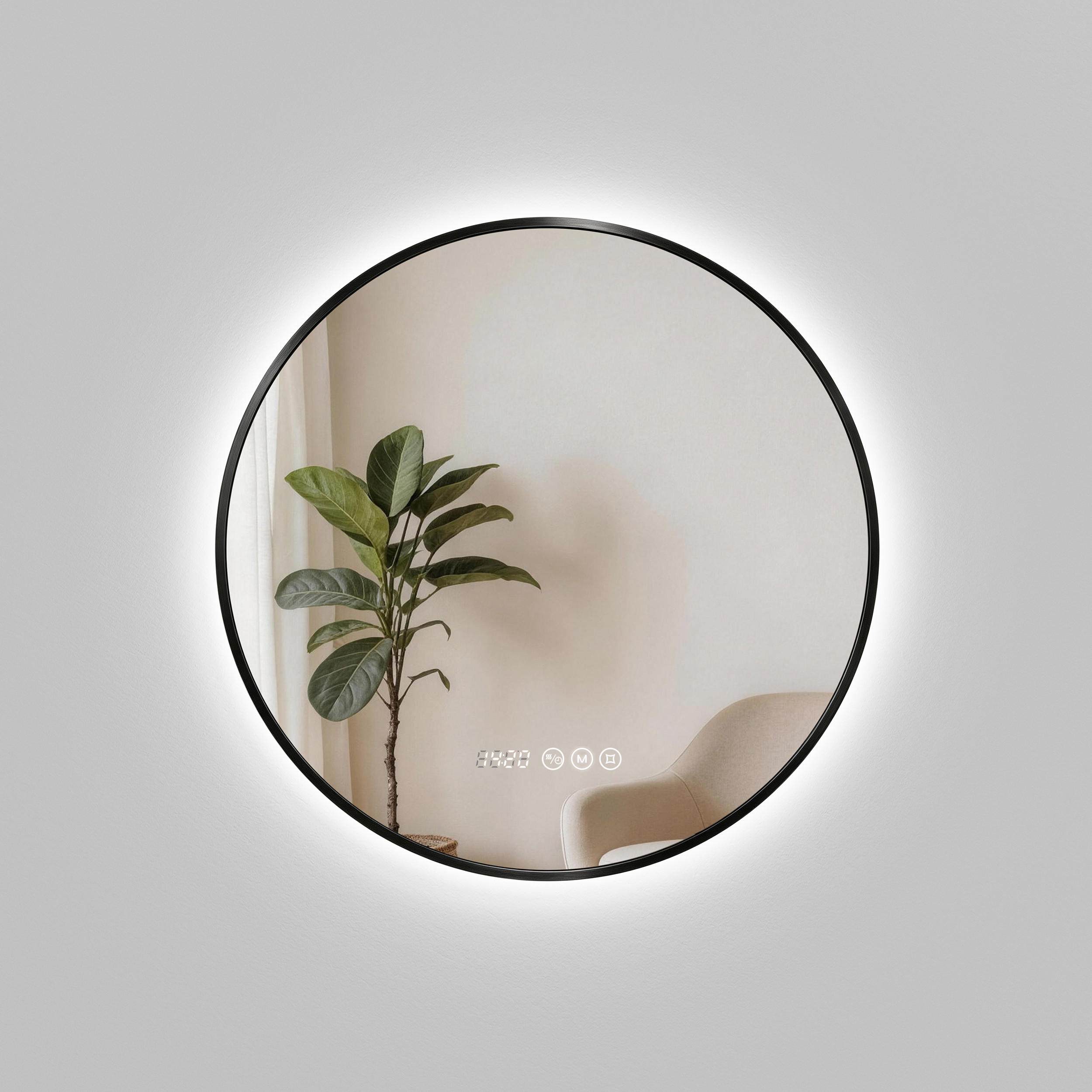 BADSPIEGEL mit LED-Beleuchtung Anti-Beschlag Zeitanzeige Schwarz Ø 60 cm - Schwarz, Glas (60/60/3cm) - EMKE