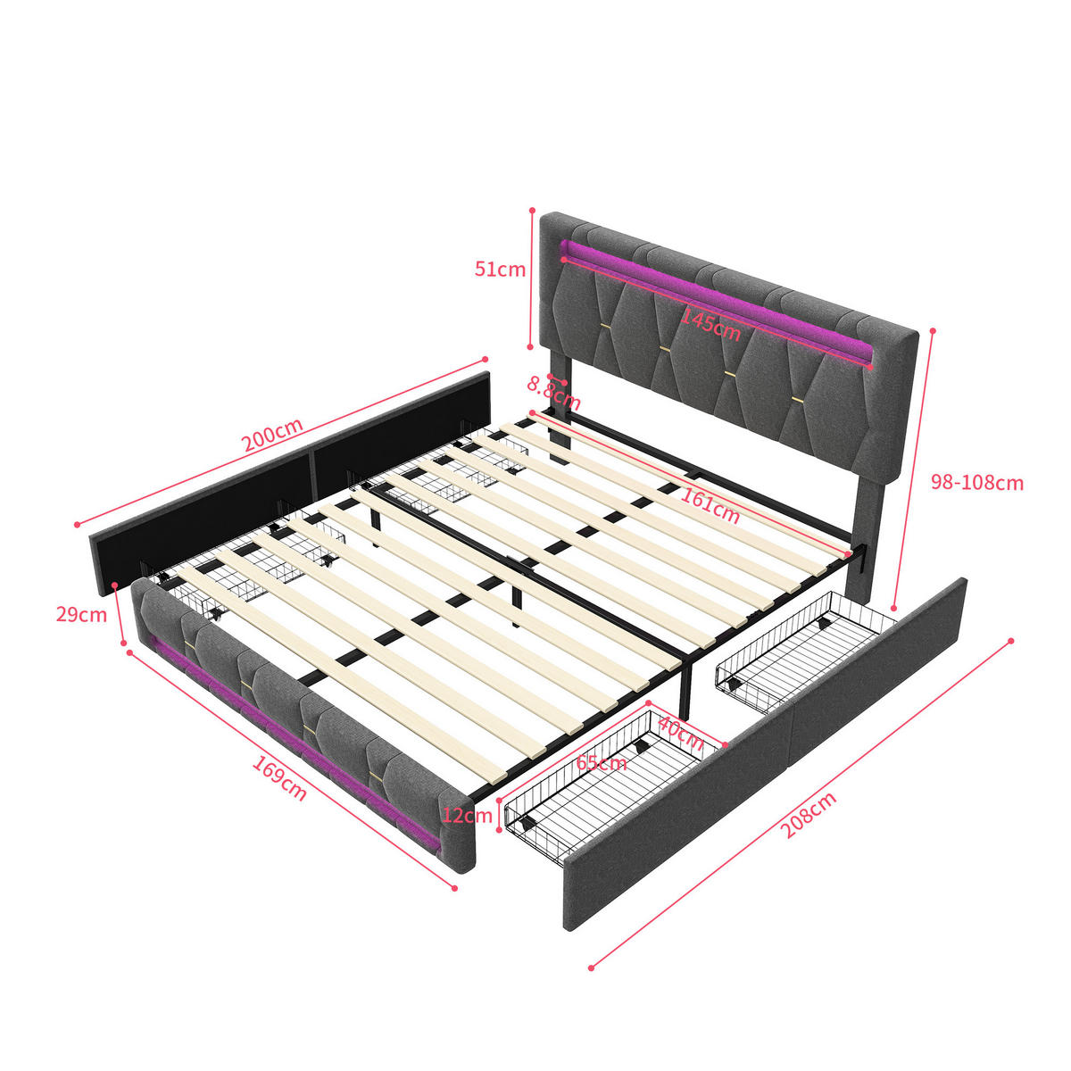 POLSTERBETT 160x200 cm LED Stauraum Lattenrost grau - Grau, Holz (160/200cm) - LEBENLANG
