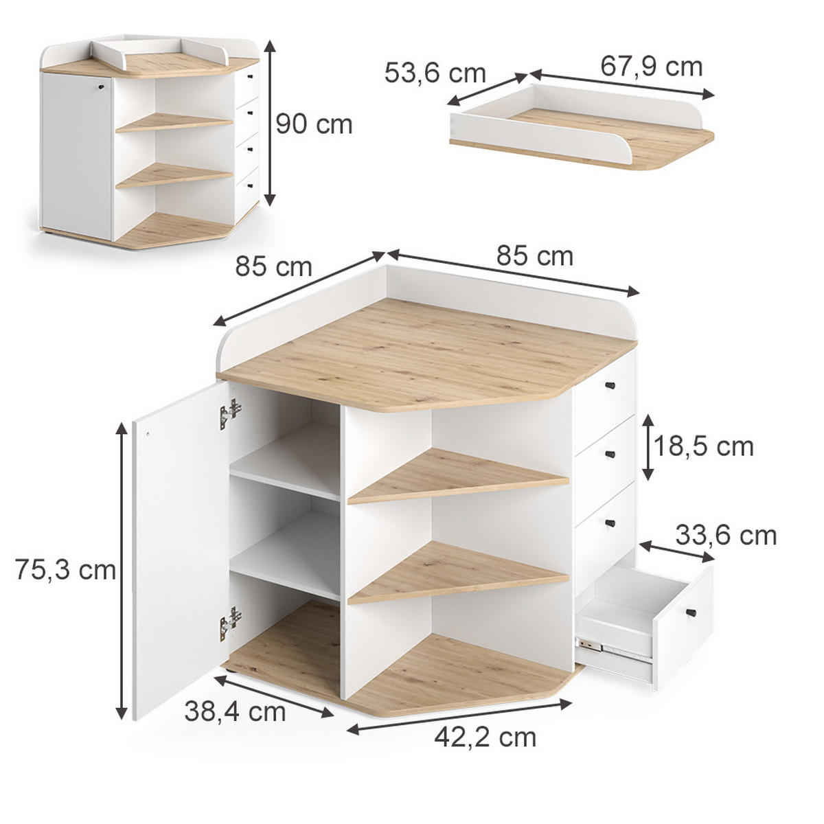 WICKELKOMMODE Aria Weiß 85 x 90 cm mit Regalen und 4 Schubladen - Weiß, Holzwerkstoff (85/90/85cm) - Vicco