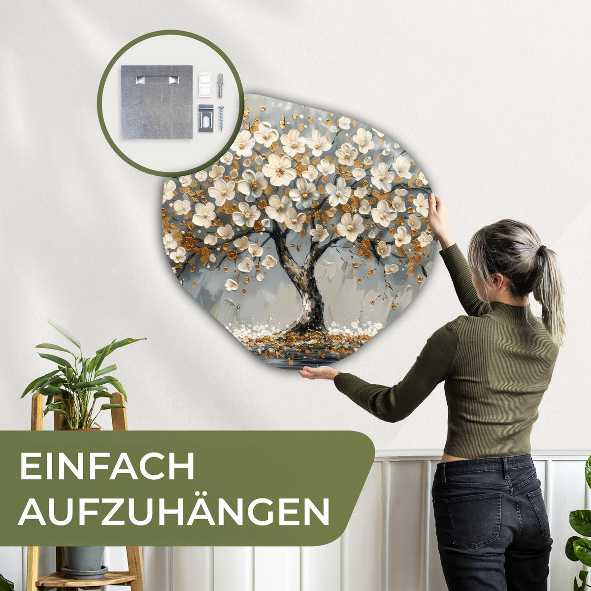 WANDBILD Baum - Gold - Blumen - Abstrakt - Kunst 90x90 cm - Goldfarben, Kunststoff (90/90cm) - MuchoWow