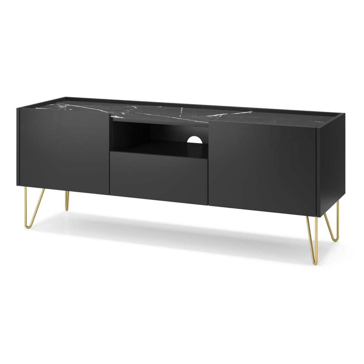 WOHNWAND Canmore 2, 2-er Set, Scharnier Häfele Marmor Schwarz Graphit Schwarz - Graphitfarben, Glas/Holzwerkstoff (241/122/37cm) - Komodee