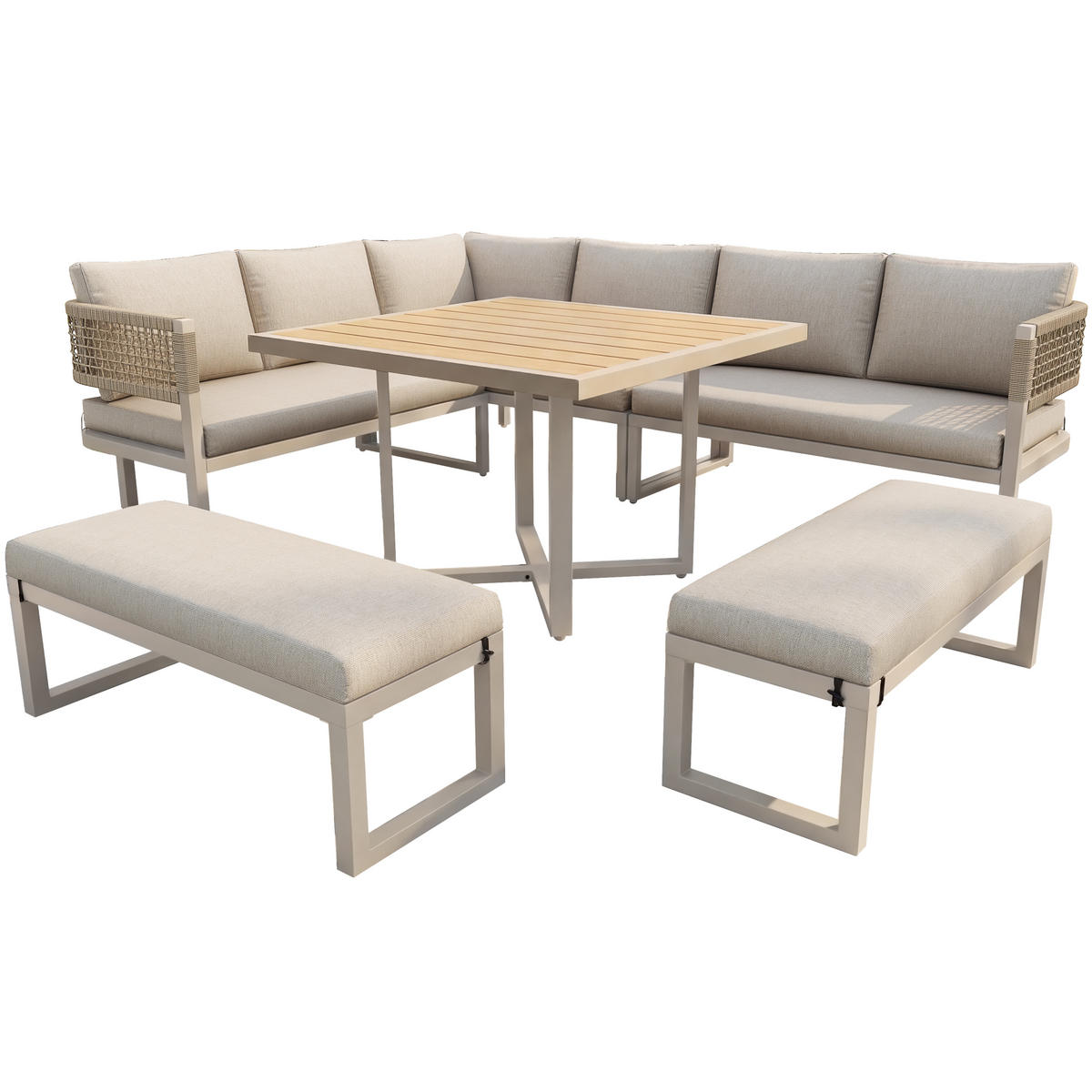 LOUNGEGARNITUR 6-teiliges Set Garten-Lounge-Set mit Esstisch WETTERFESTES ROPE DESIGN Kunststoffholz für Terrasse 80/80/70 cm - Beige, Holz/Metall - Rolipo