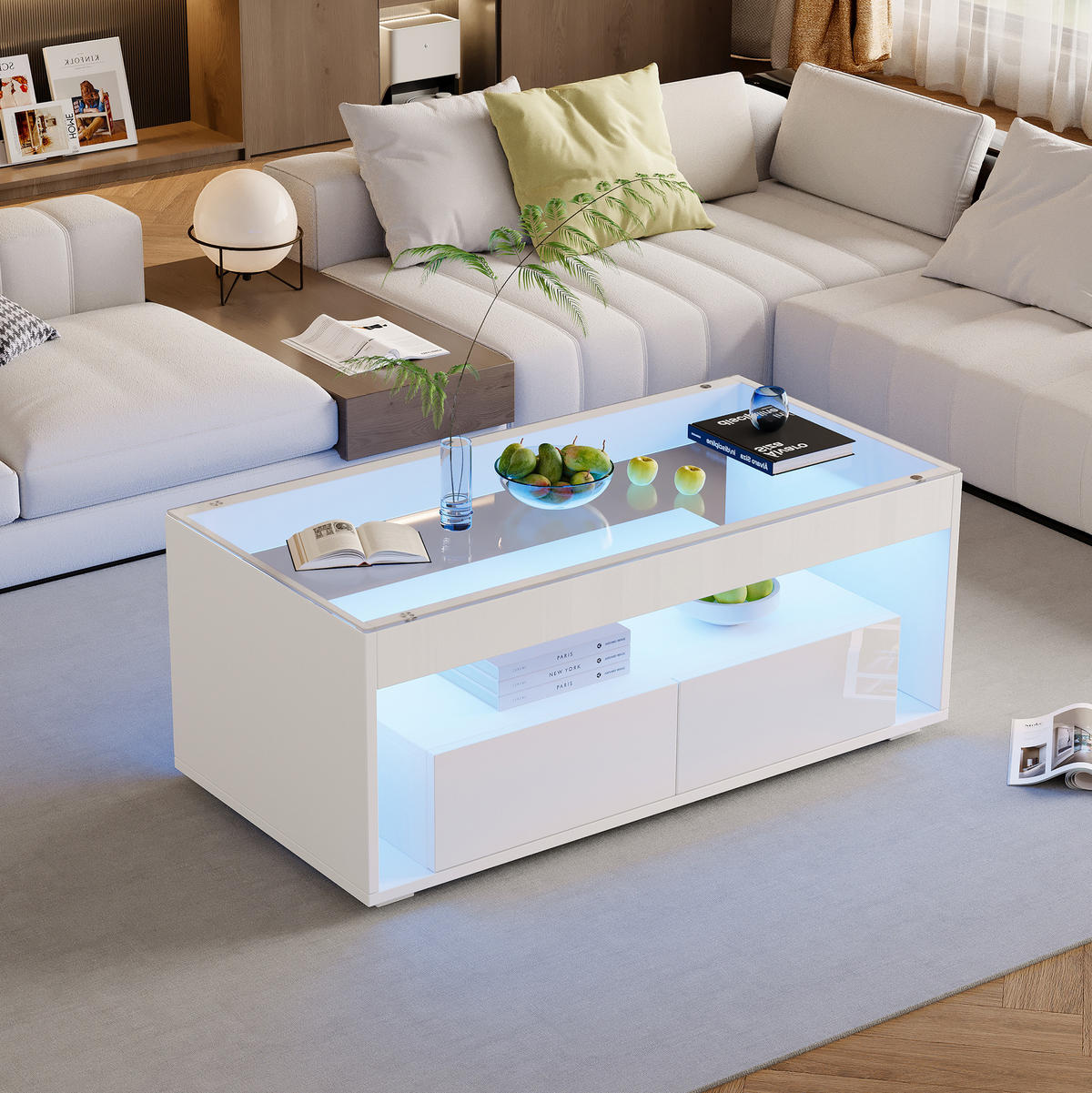 COUCHTISCH aus Spanplatte und Glas 100x50x40 cm in Weiß mit LED - Weiß, Holzwerkstoff (100/50/40cm) - Modfu