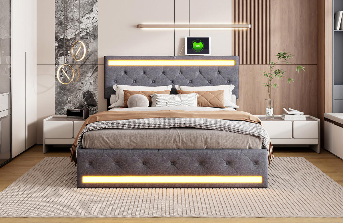 POLSTERBETT 140x200 cm mit LED und USB, Doppelbett mit Lattenrost und Kopfteil, Bett 140x200, Leinenstoff, Grau - Grau, Holzwerkstoff/Textil (140/200cm) - GENKI LIVING