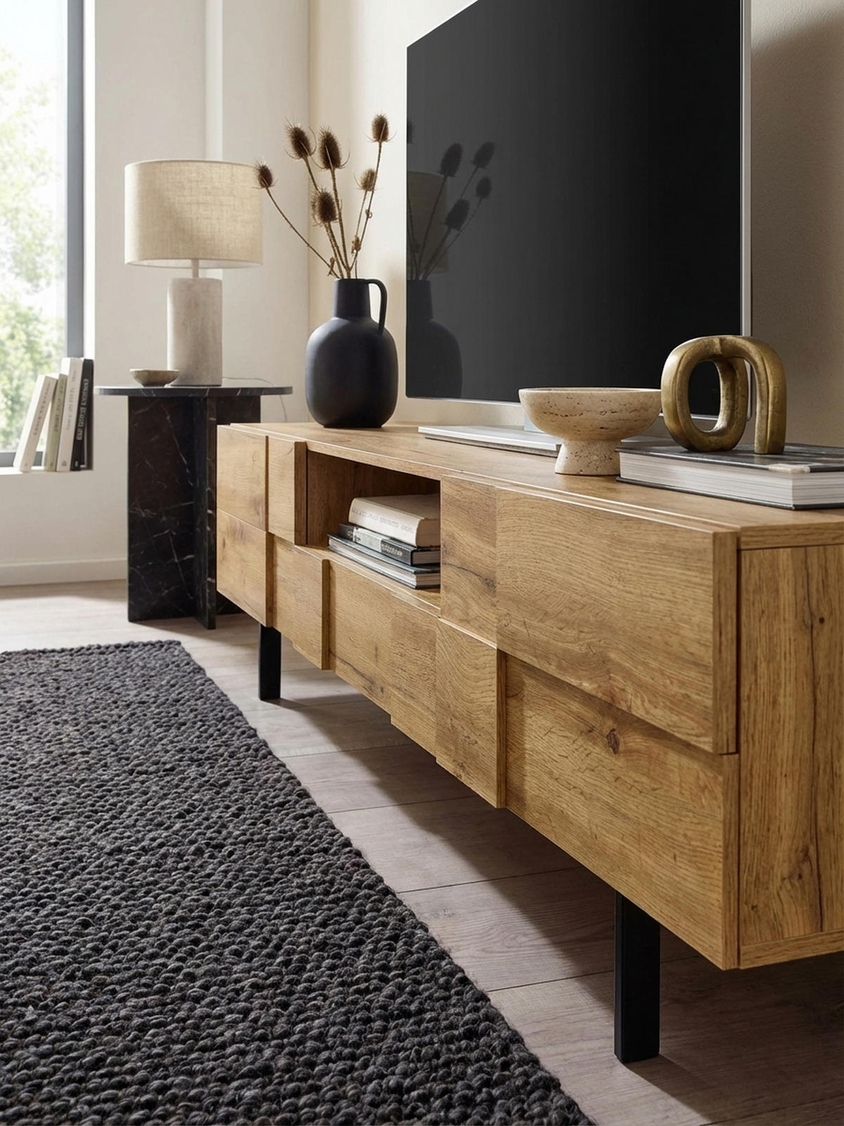 LOWBOARD Eiche-Dekor Modern Stil mit Kachelmuster für Konsolen und DVDs - Schwarz/Braun, Holz/Metall (160/46/43cm) - KADIMA DESIGN